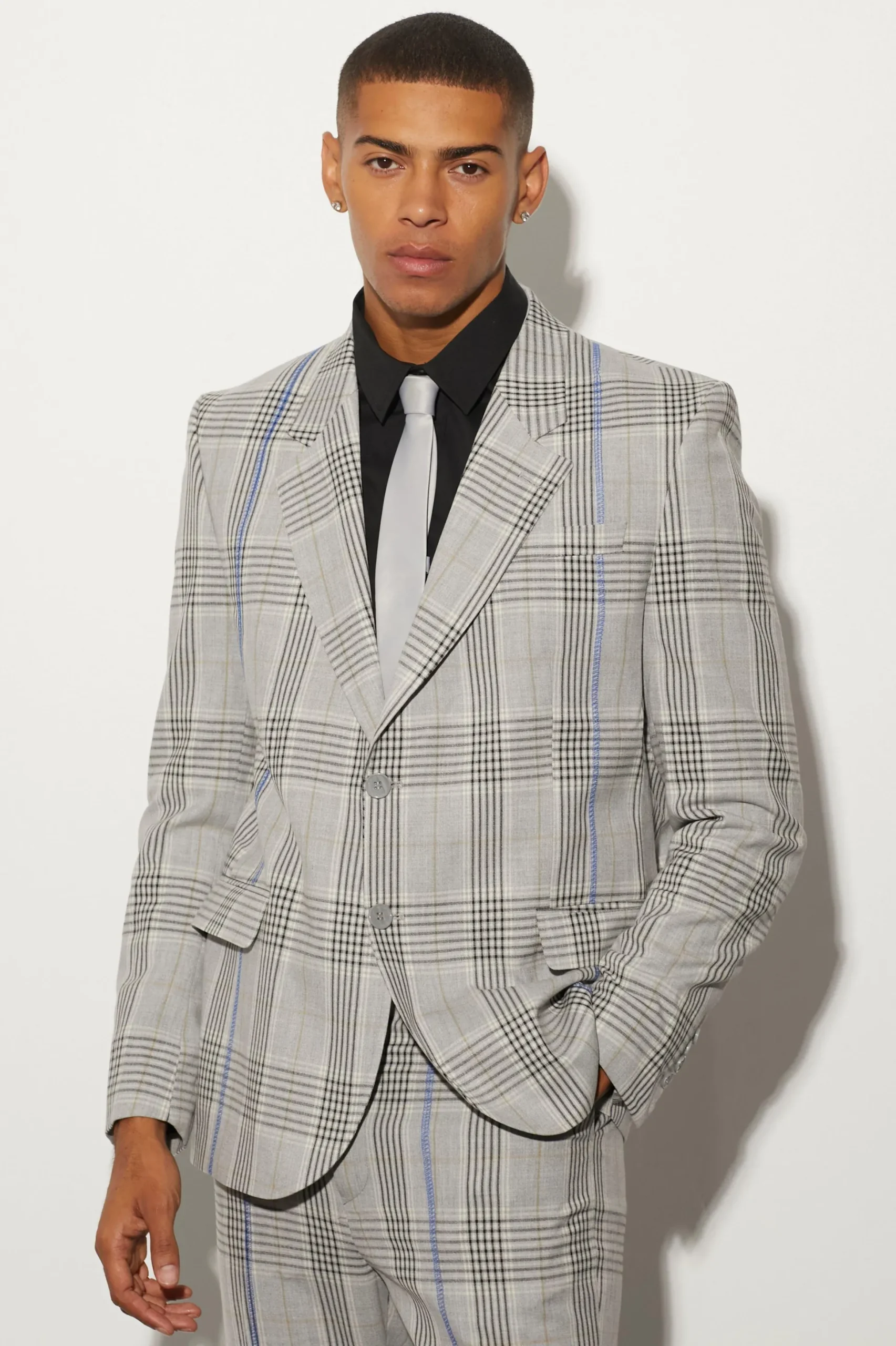 Oversized Boxy Check Contrast Stitch Jacket | BoohooMAN UK