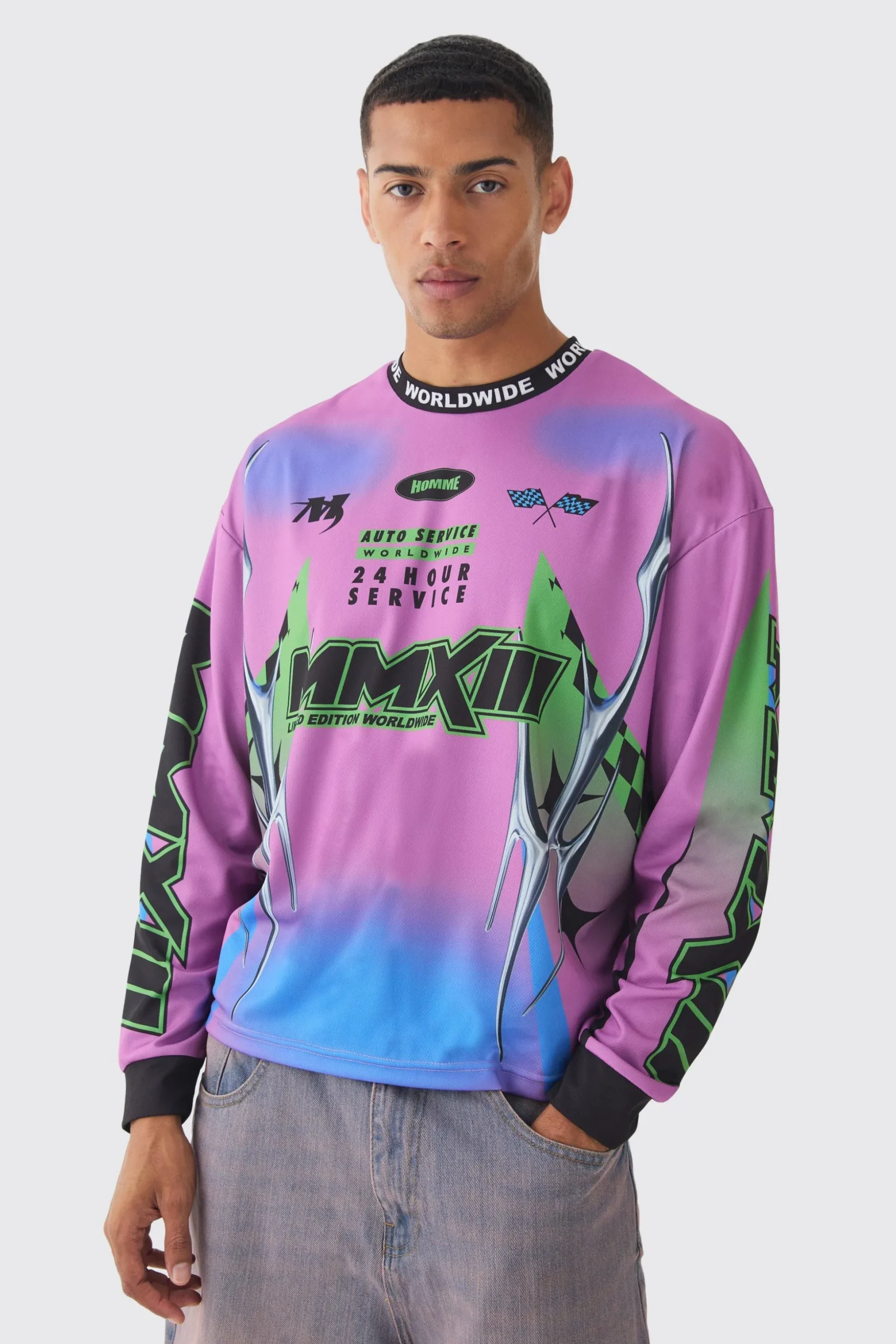 Oversized Boxy Closed Mesh Graffiti Moto Jacquard Neck T-shirt | BoohooMAN UK