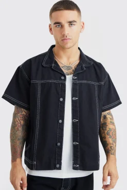 Oversized Boxy Contrast Stitch Denim Shirt | BoohooMAN UK