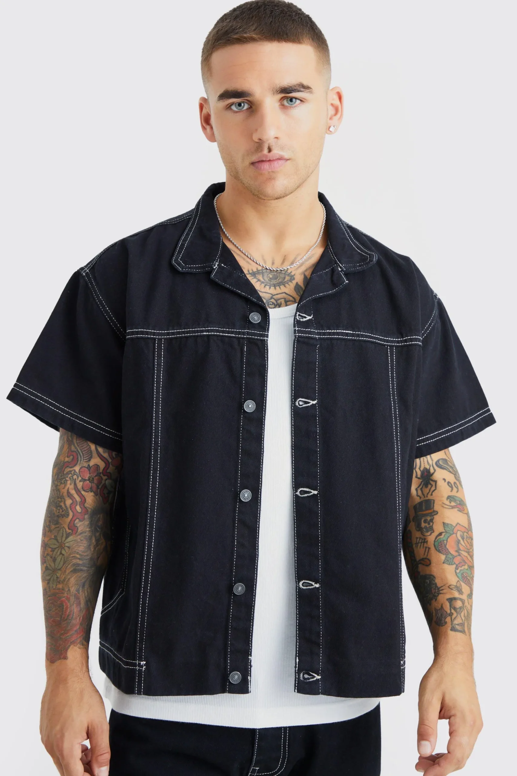 Oversized Boxy Contrast Stitch Denim Shirt | BoohooMAN UK