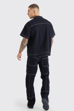 Oversized Boxy Contrast Stitch Denim Shirt | BoohooMAN UK