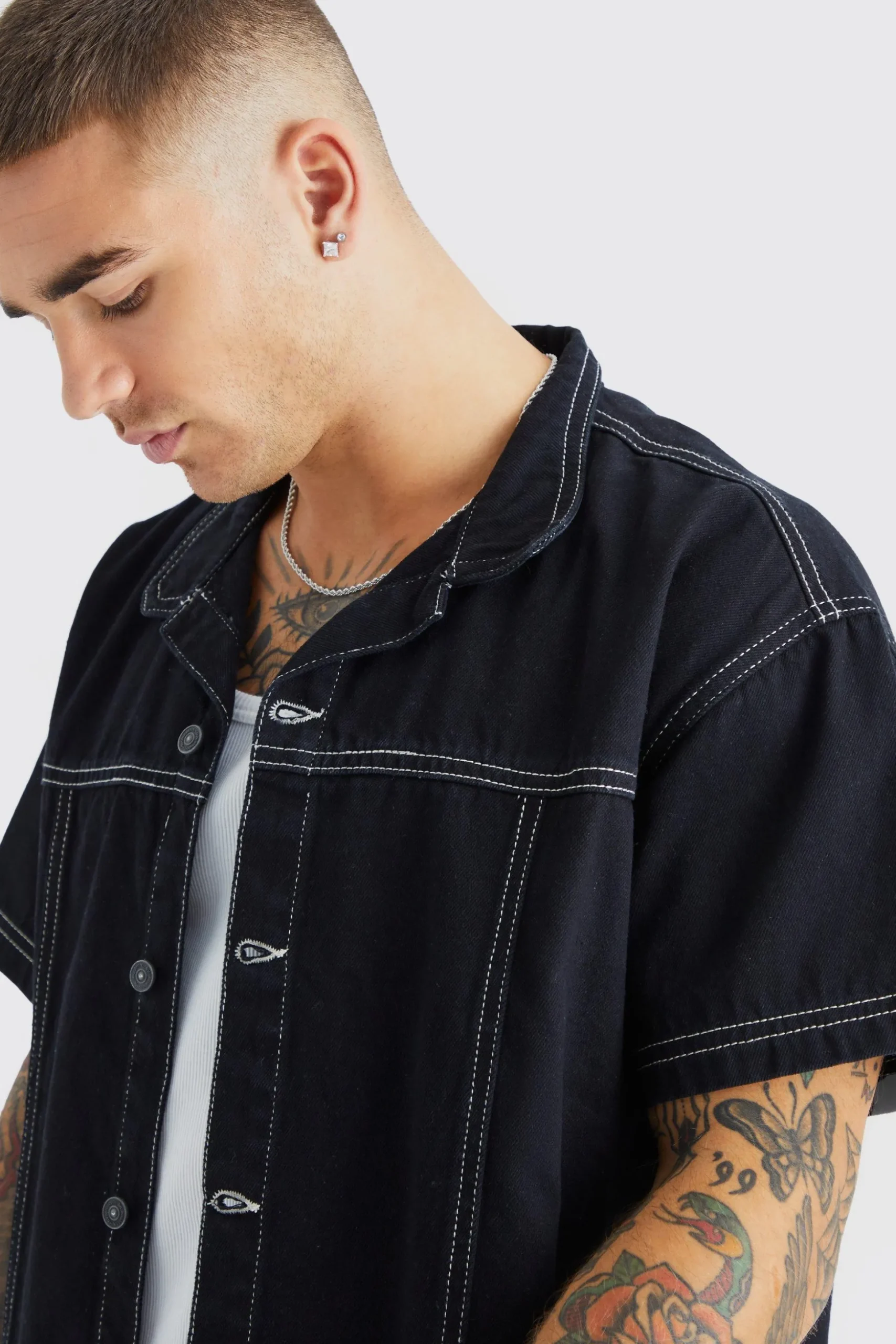 Oversized Boxy Contrast Stitch Denim Shirt | BoohooMAN UK