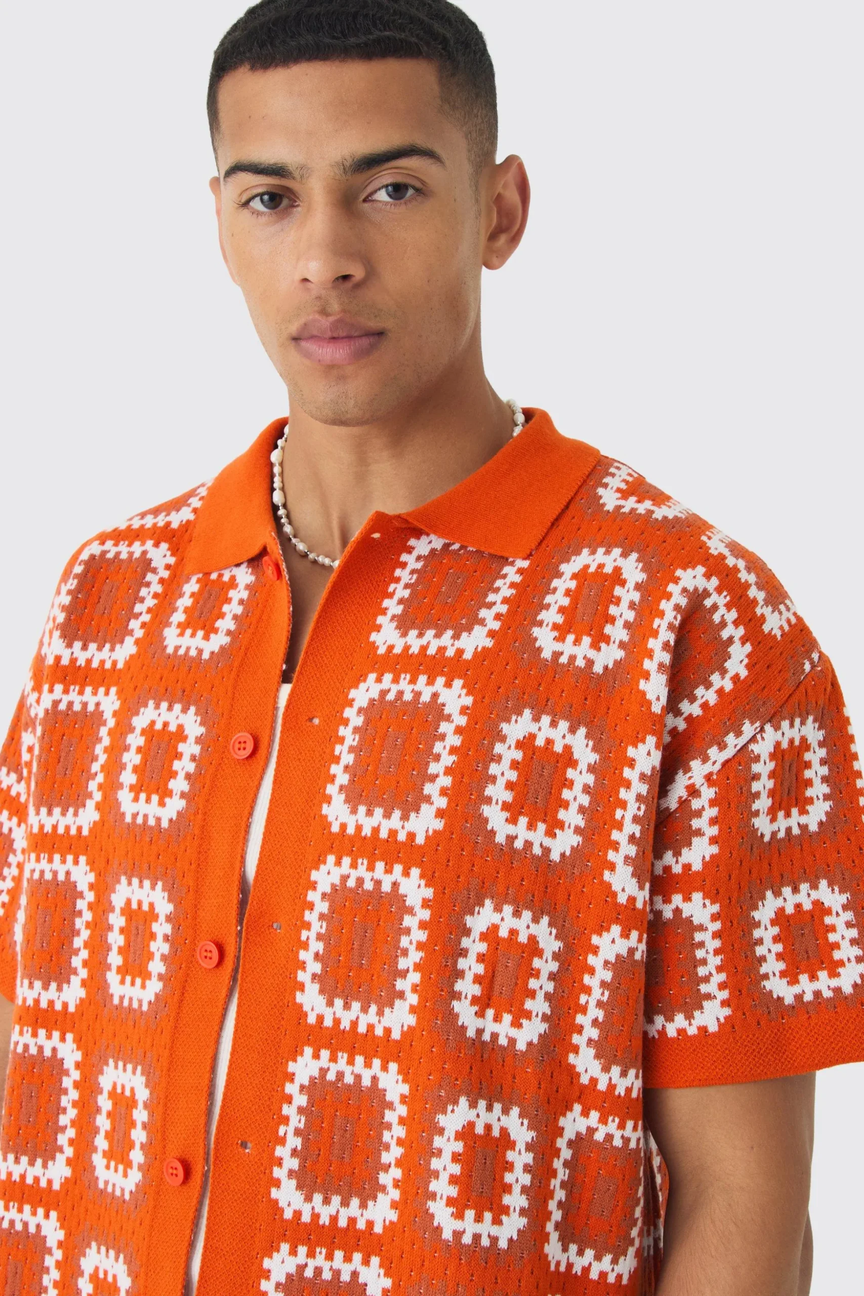 Oversized Boxy Crochet Knit Shirt And Short Set | BoohooMAN UK