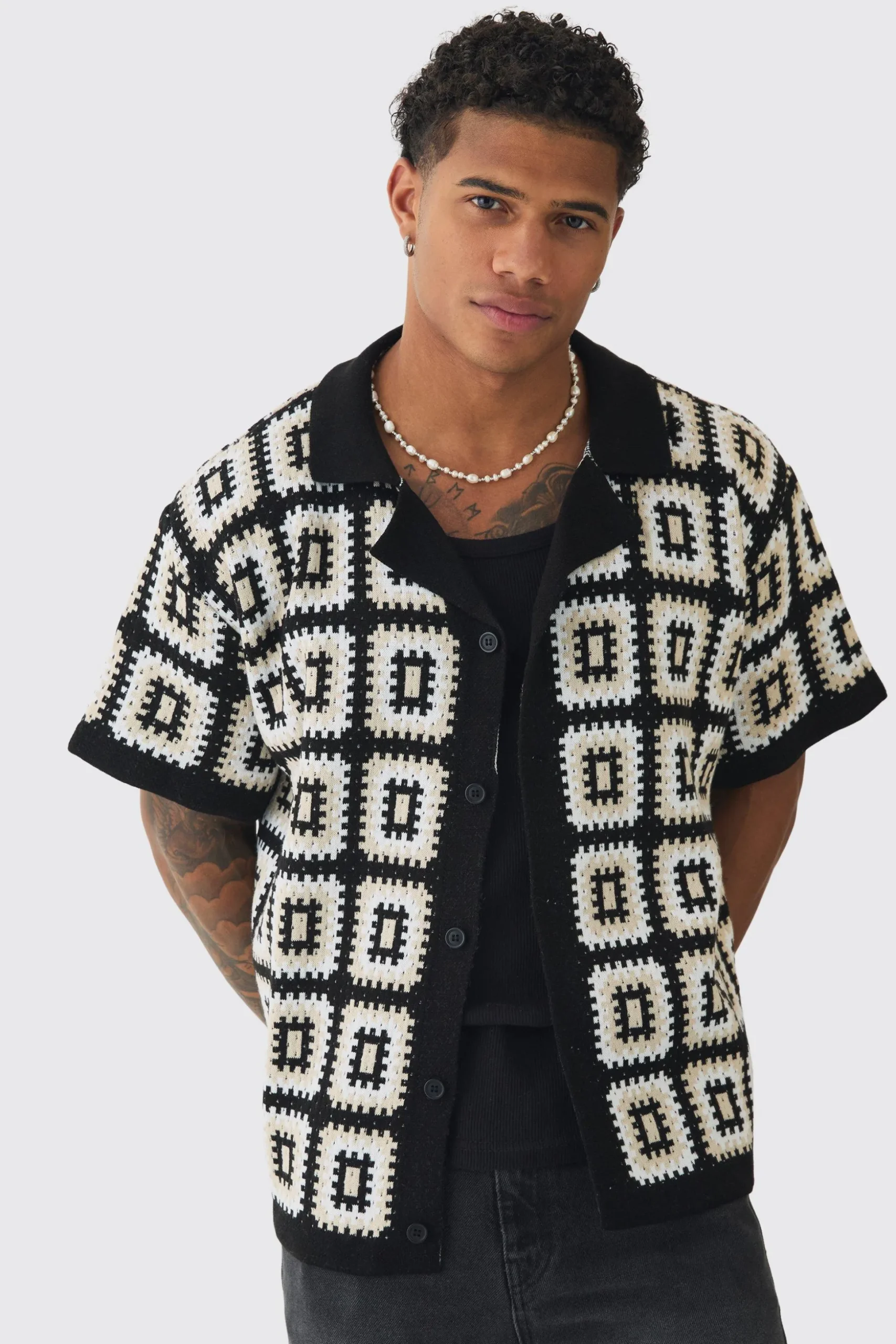Oversized Boxy Crochet Knit Revere Shirt | BoohooMAN UK