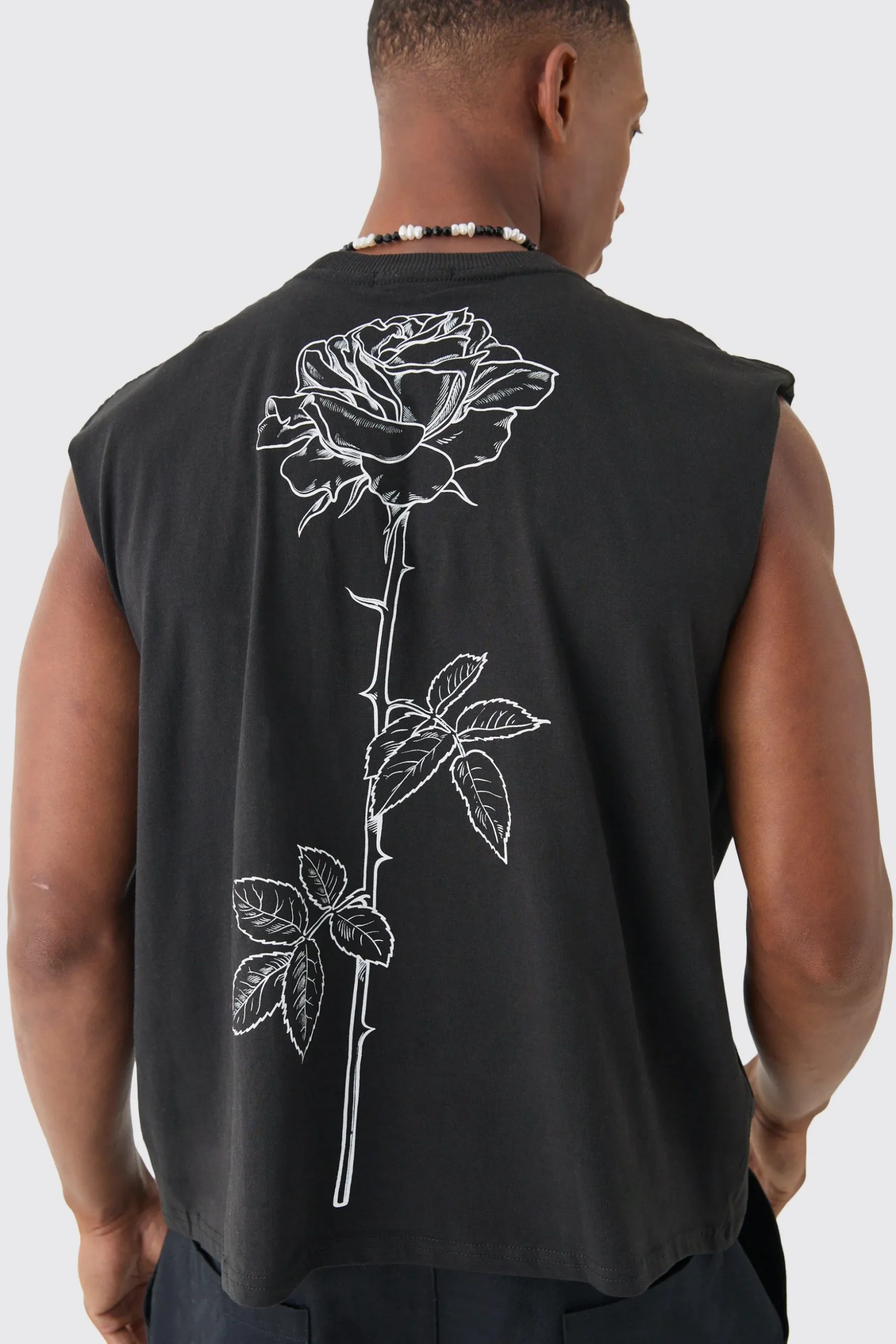 Oversized Boxy Cropped Line Rose Print Tank | BoohooMAN UK