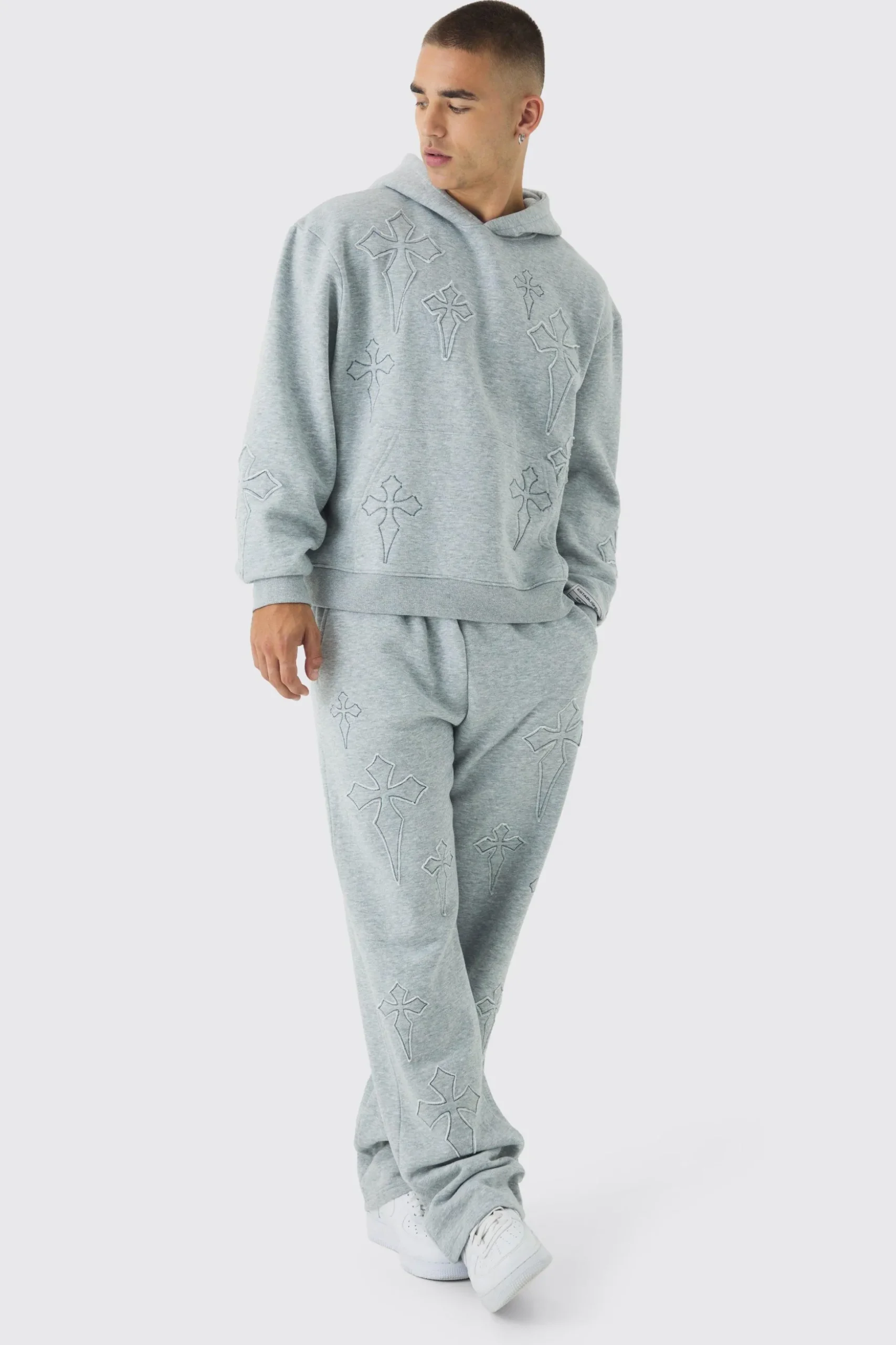 Oversized Boxy Cross Applique Hoodie And Relaxed Jogger Tracksuit | BoohooMAN UK