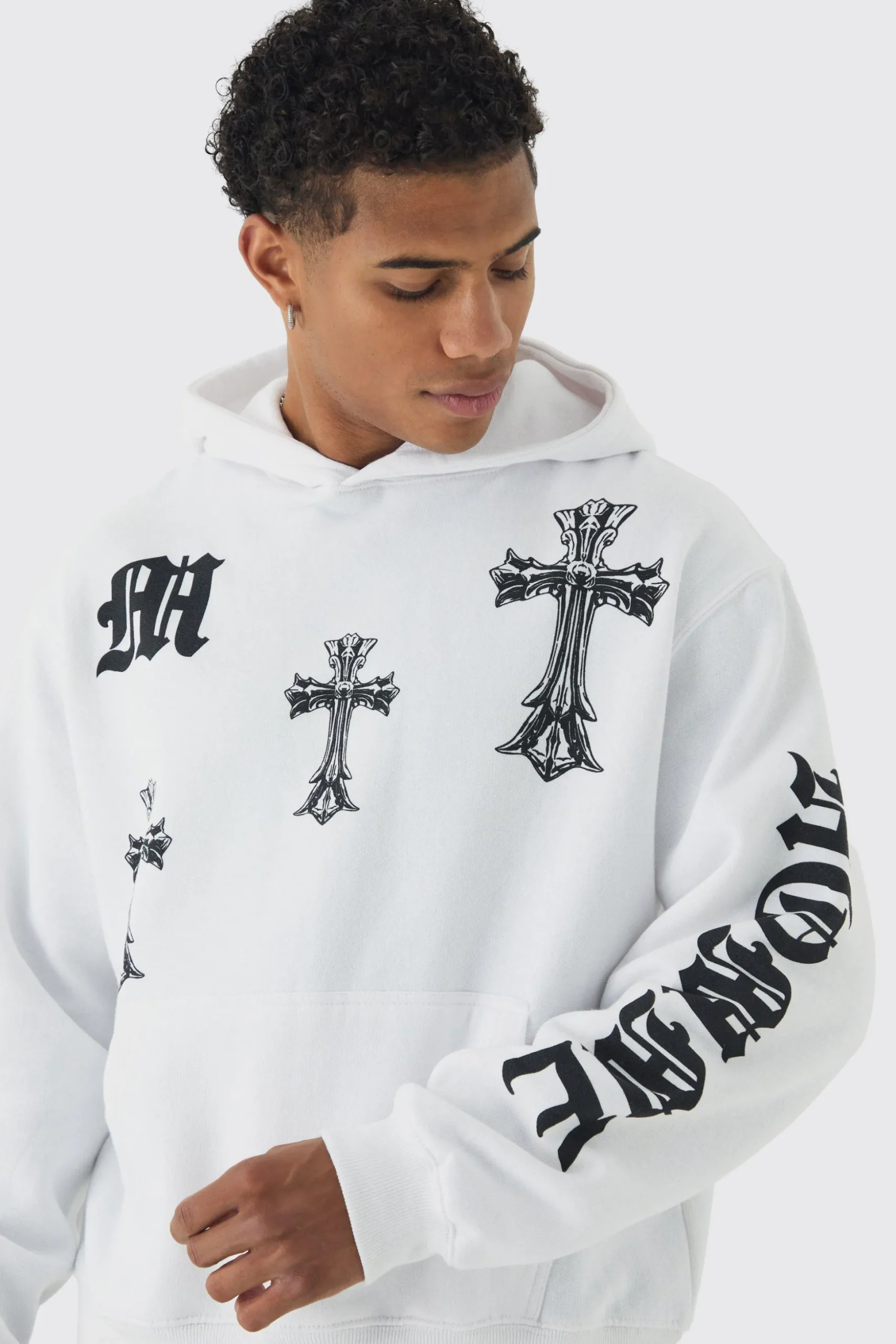 Oversized Boxy Cross Printed Hoodie | BoohooMAN UK