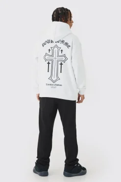 Oversized Boxy Cross Print Hoodie | BoohooMAN UK