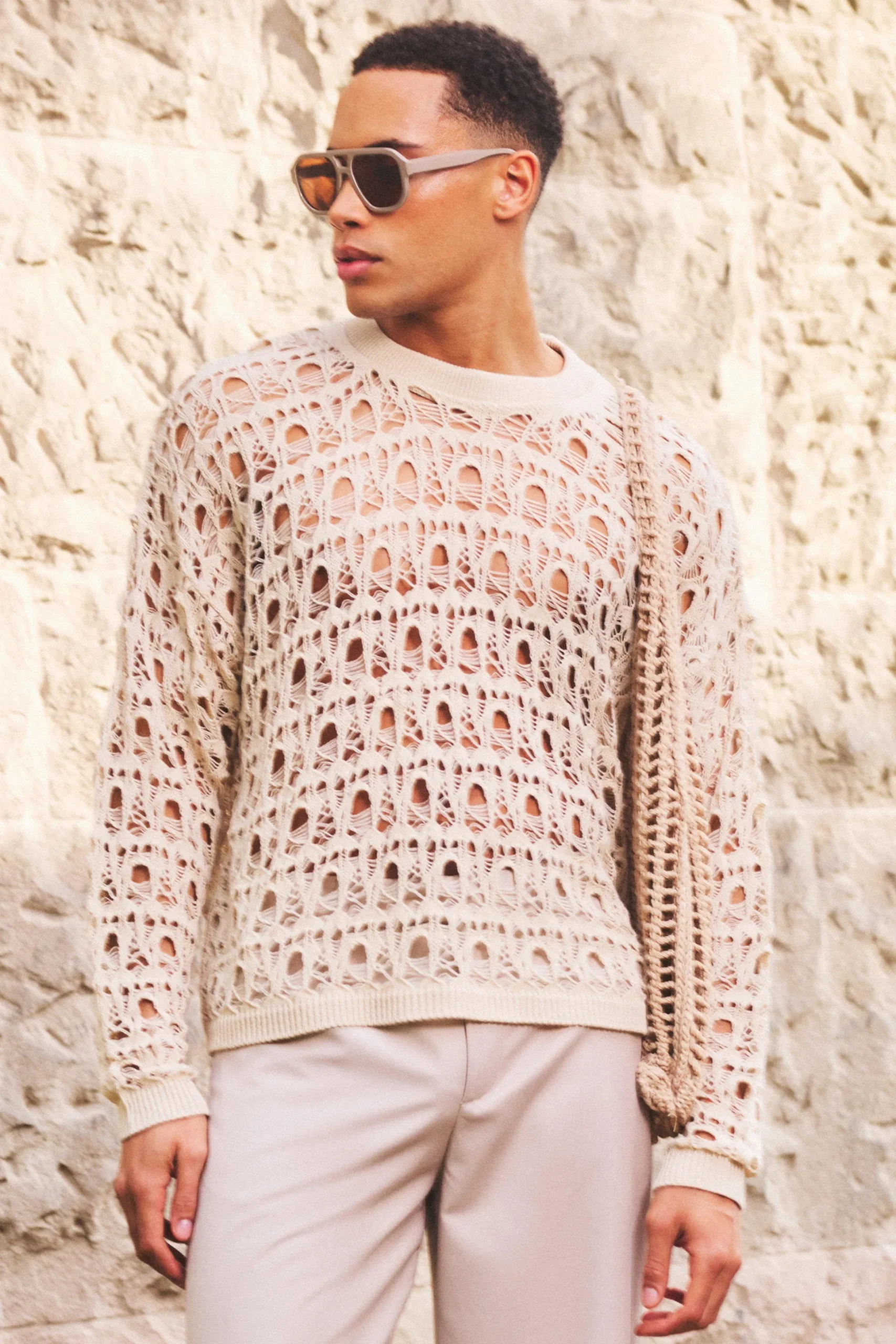 Oversized Boxy Drop Shoulder Open Knit Jumper In Ecru | BoohooMAN UK