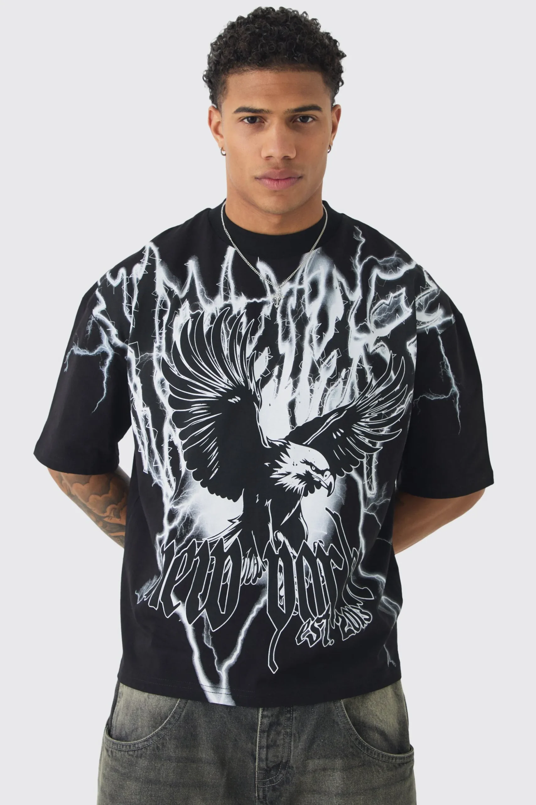 Oversized Boxy Extended Neck Extreme Eagle T-shirt | BoohooMAN UK