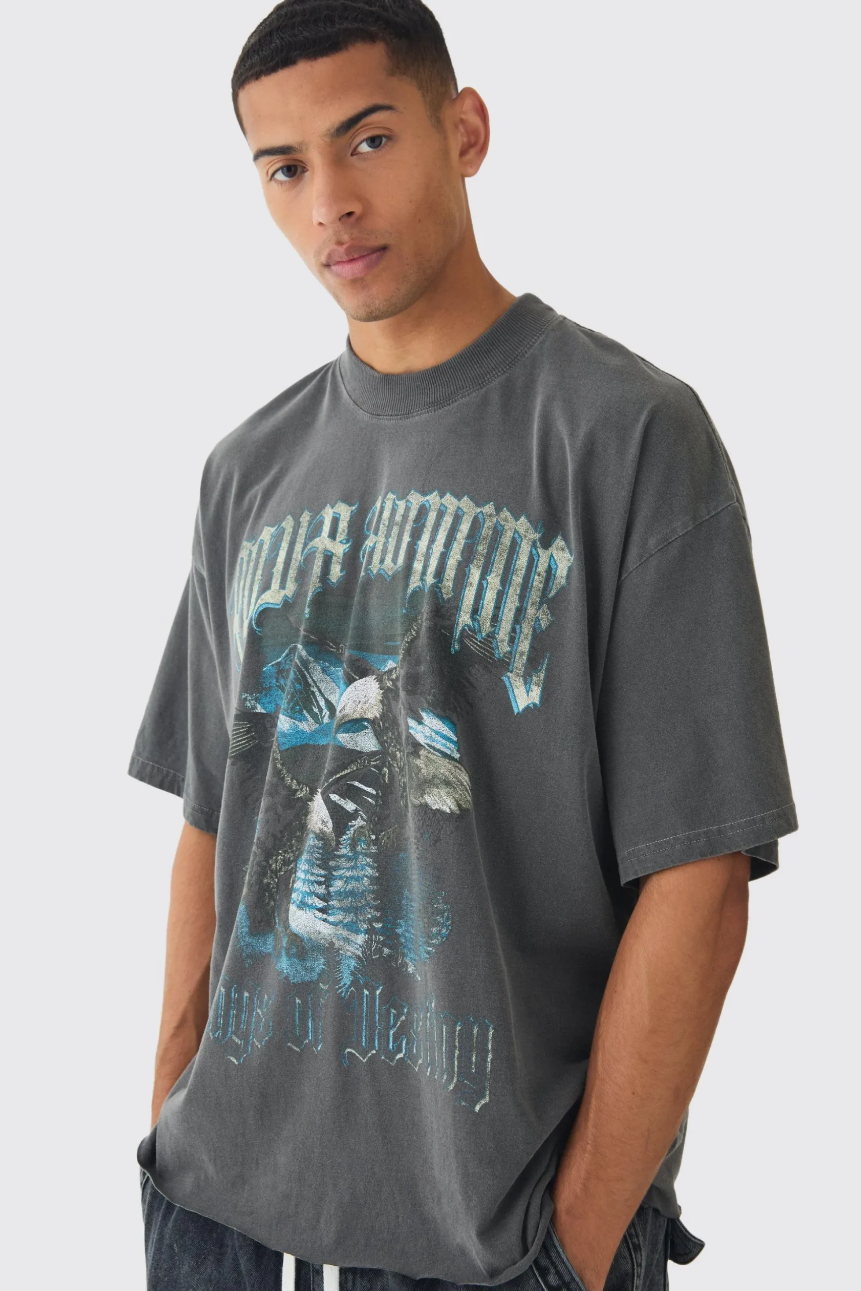 Oversized Boxy Extended Neck Eagle Print Raw Hem T-Shirt | BoohooMAN UK