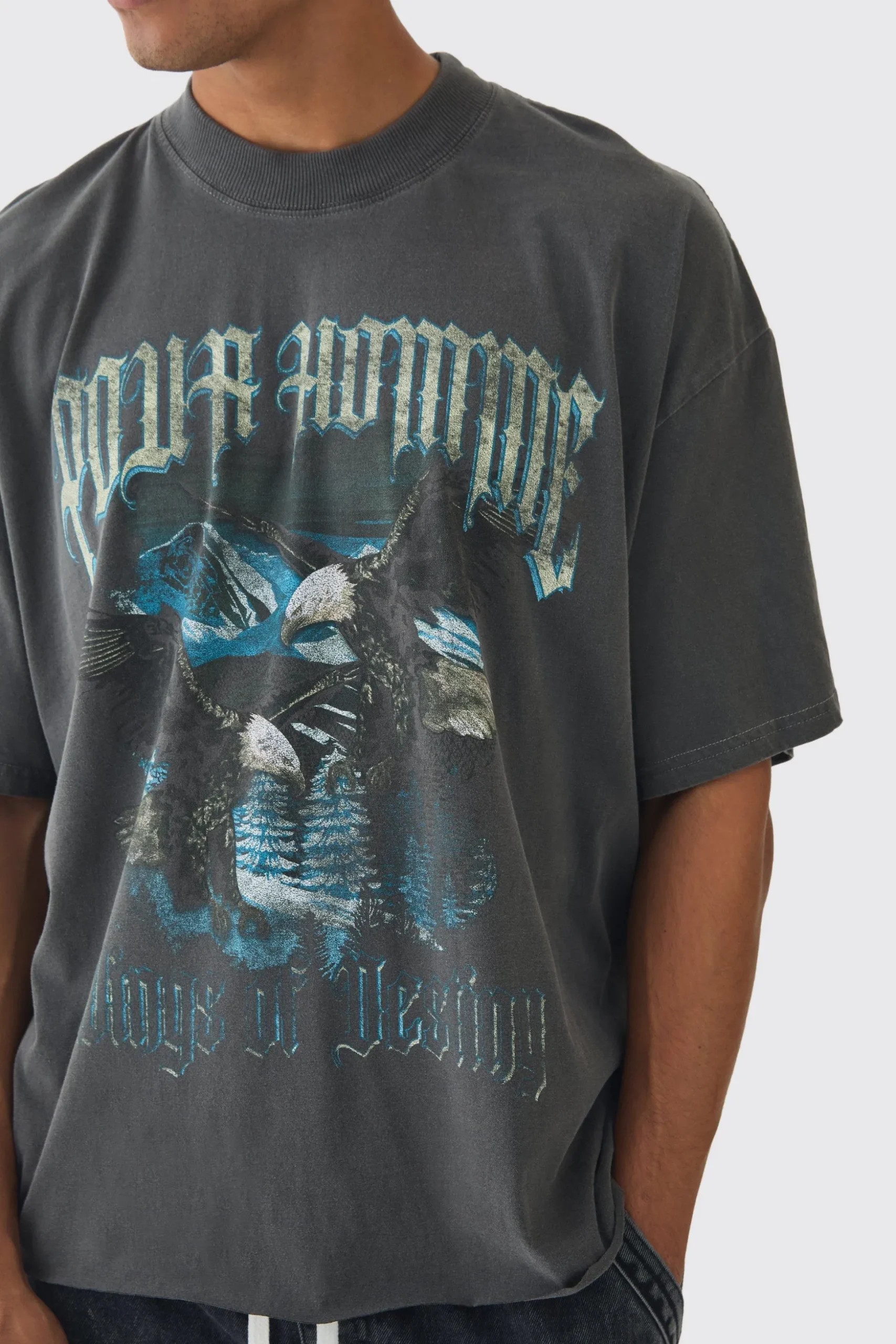 Oversized Boxy Extended Neck Eagle Print Raw Hem T-Shirt | BoohooMAN UK