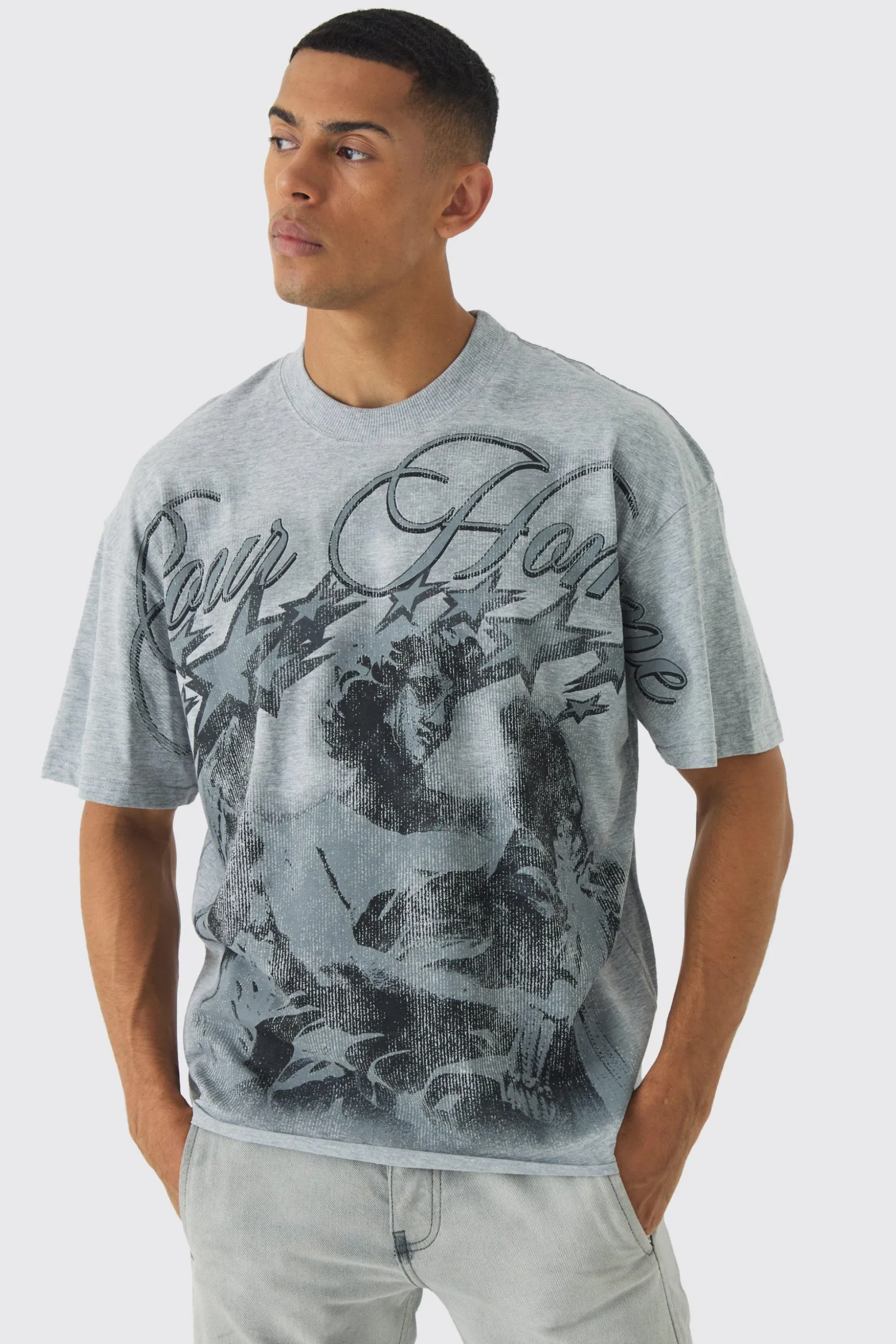 Oversized Boxy Extended Neck Large Scale Renaissance Print T-Shirt | BoohooMAN UK