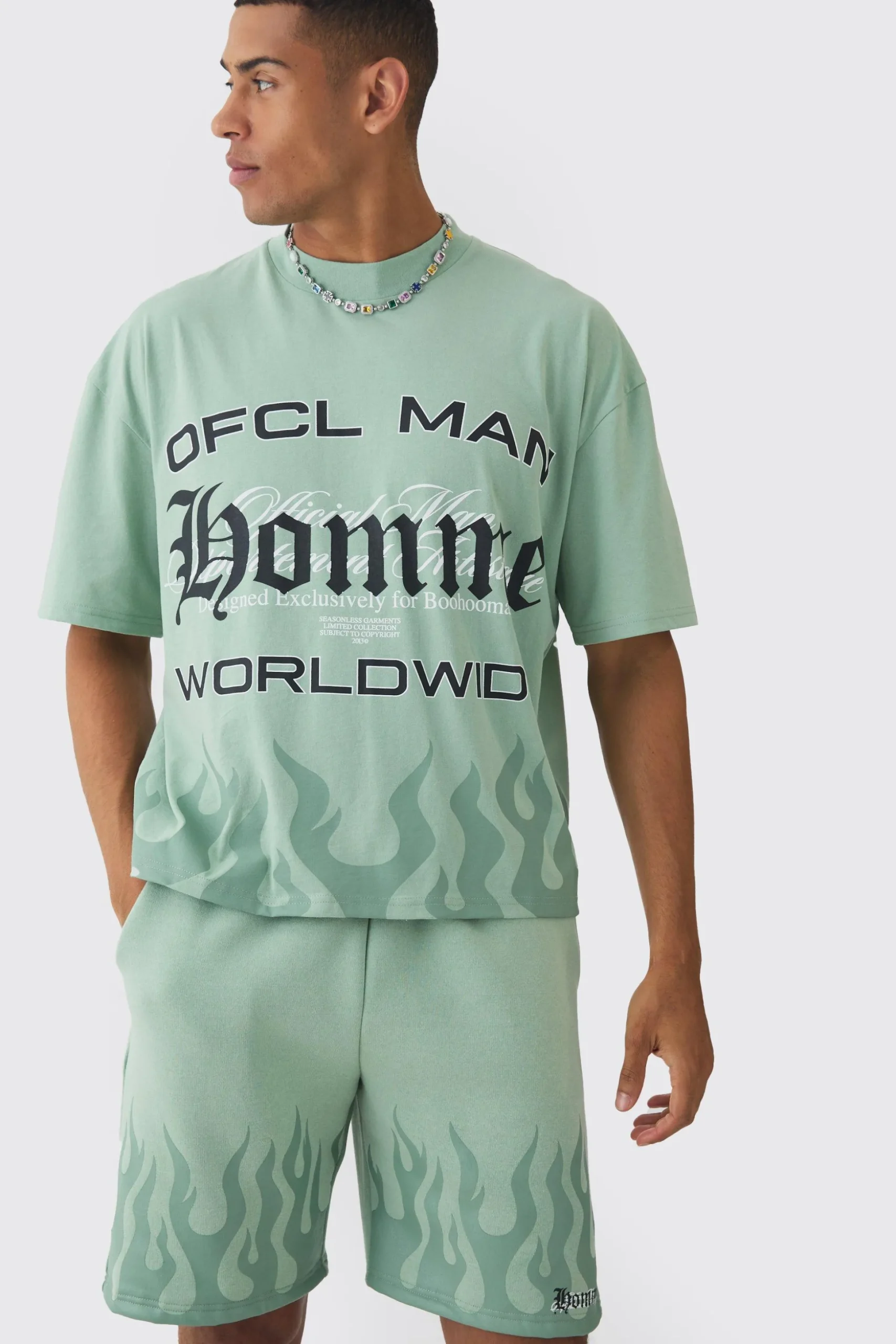 Oversized Boxy Flame Printed T-shirt And Short Set | BoohooMAN UK