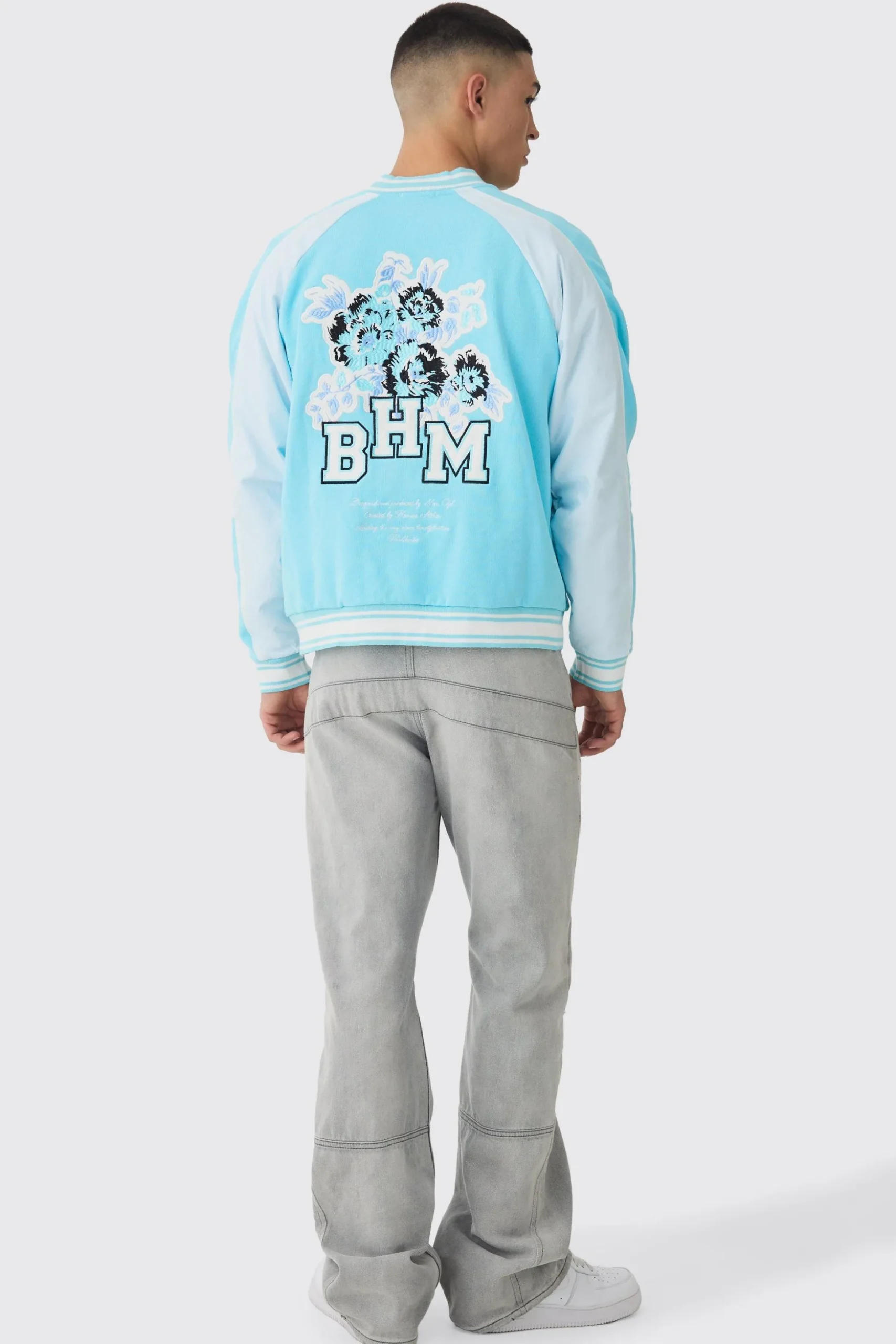 Oversized Boxy Floral Applique Jersey Varsity Jacket | BoohooMAN UK