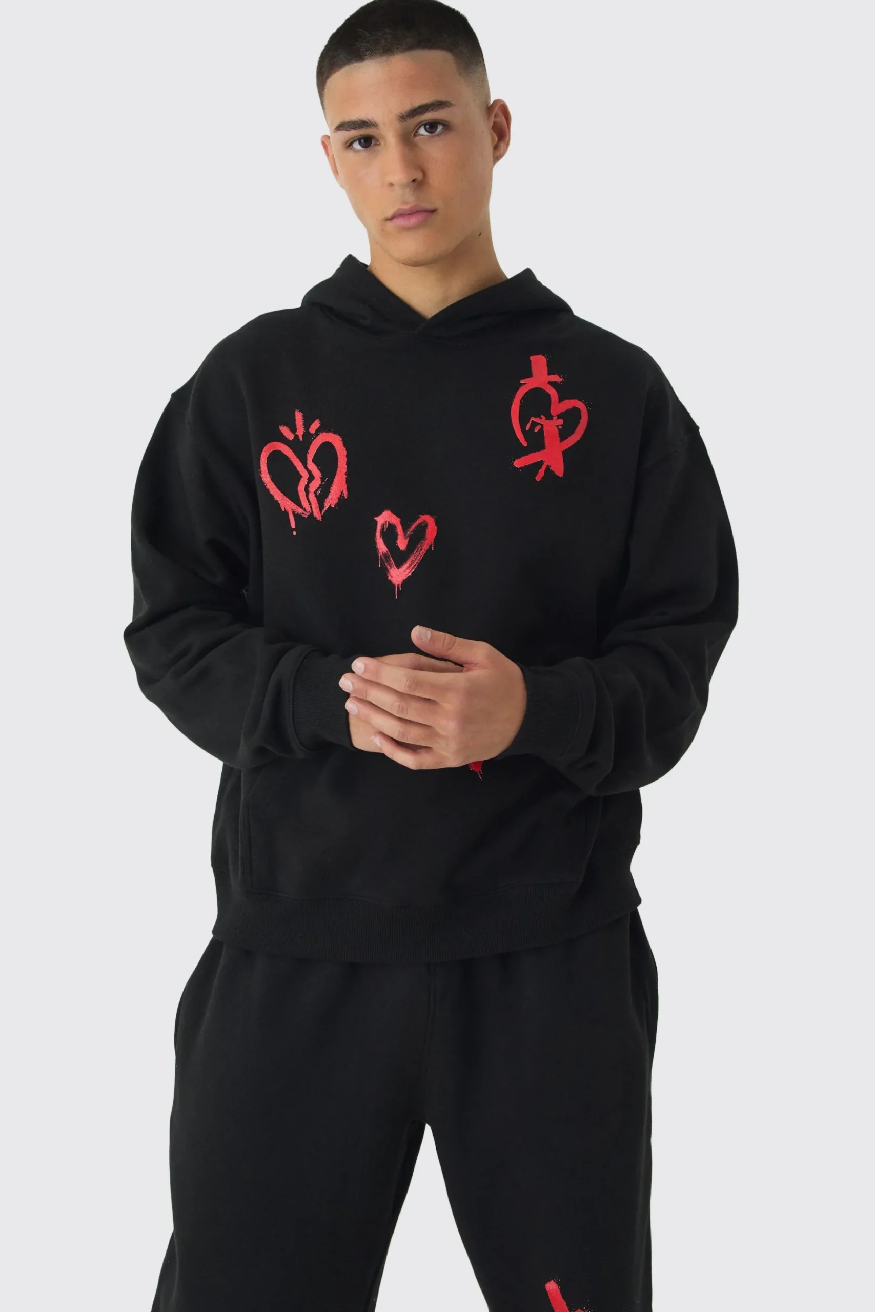 Oversized Boxy Heart Print Tracksuit | BoohooMAN UK