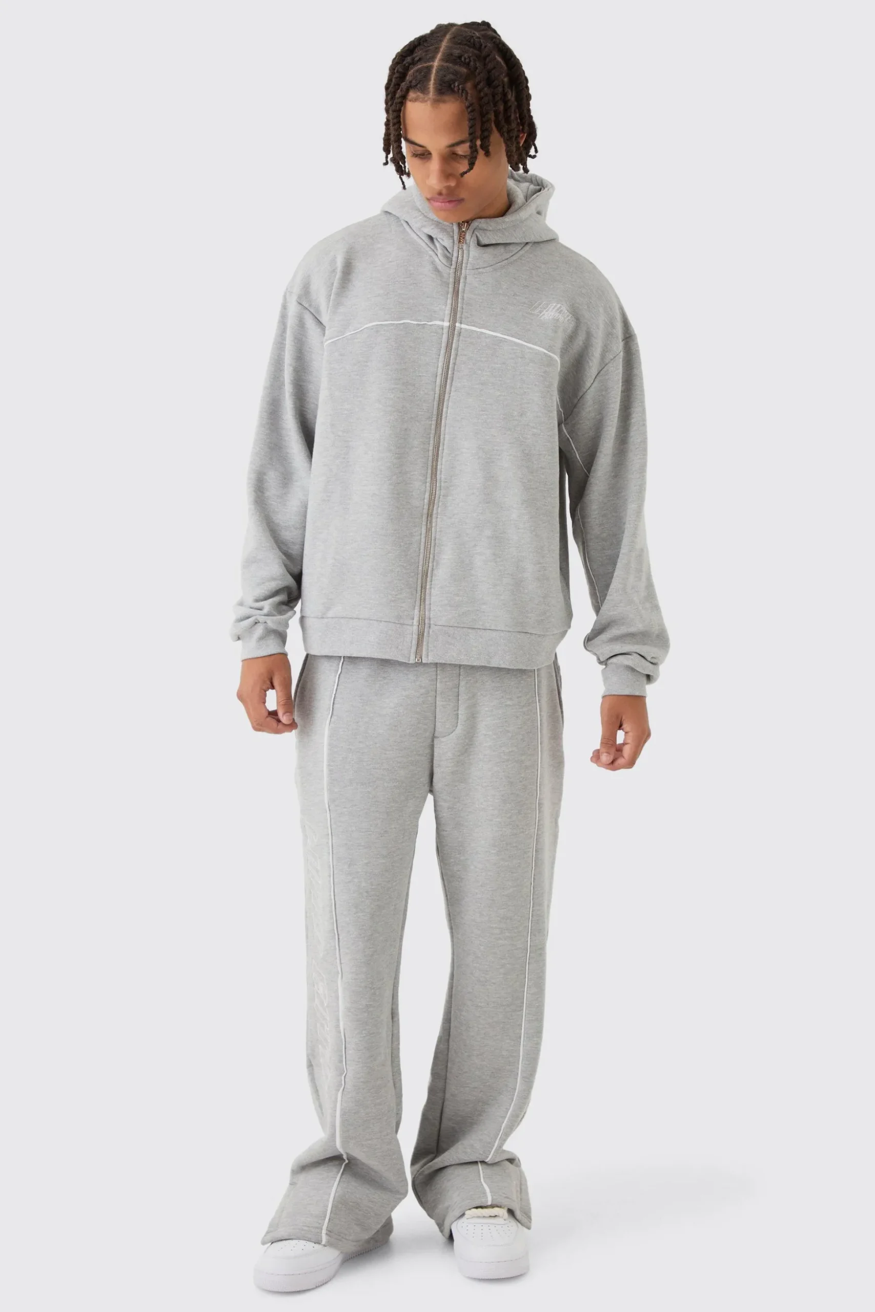 Oversized Boxy Heavyweight Embroidered Piping Hooded Tracksuit | BoohooMAN UK