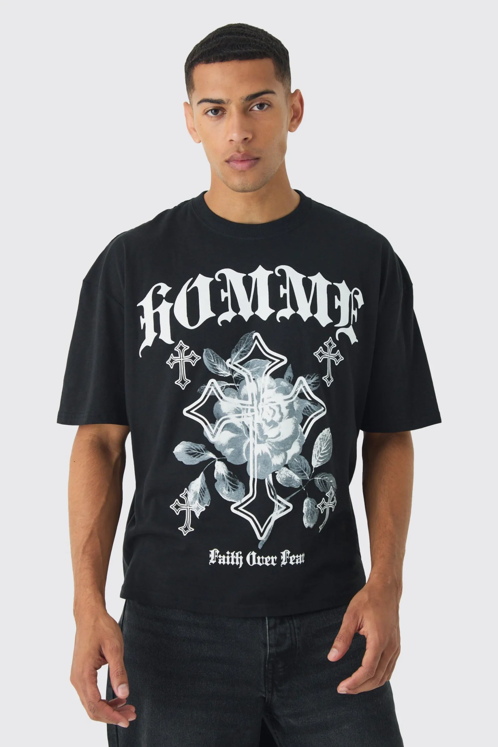 Oversized Boxy Homme Cross Print T-Shirt | BoohooMAN UK