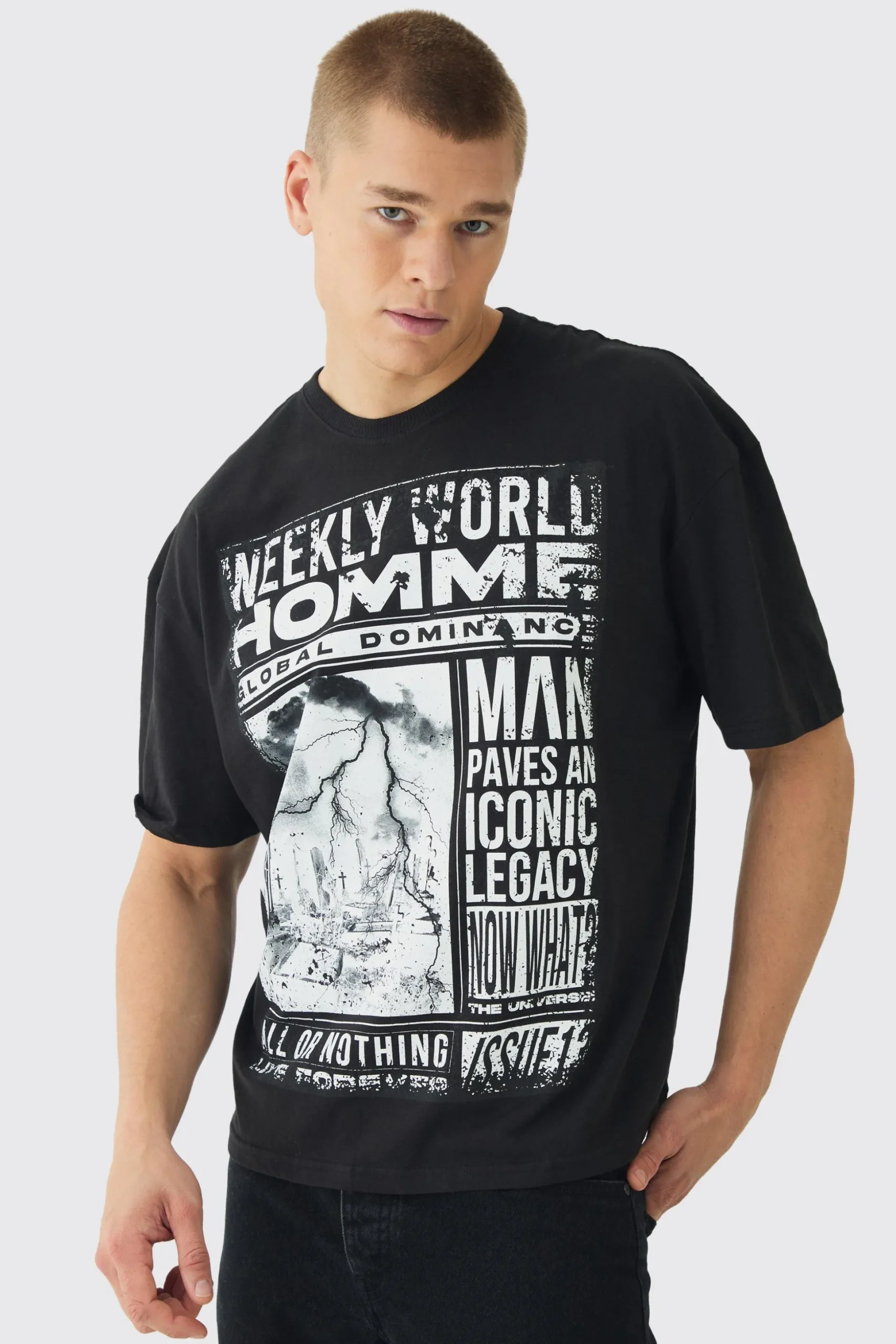 Oversized Boxy Homme Magazine Graphic T-Shirt | BoohooMAN UK