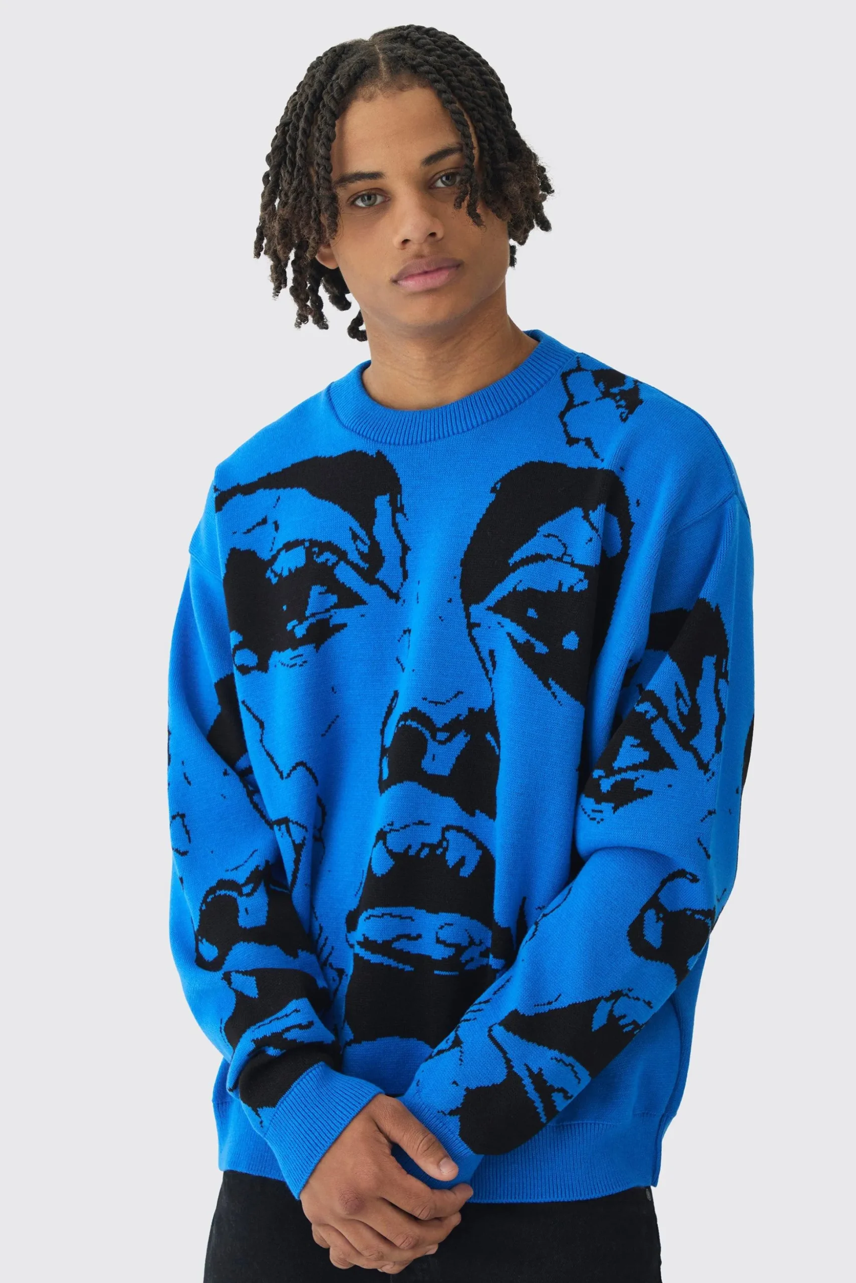 Oversized Boxy Line Face Knitted Jumper | BoohooMAN UK