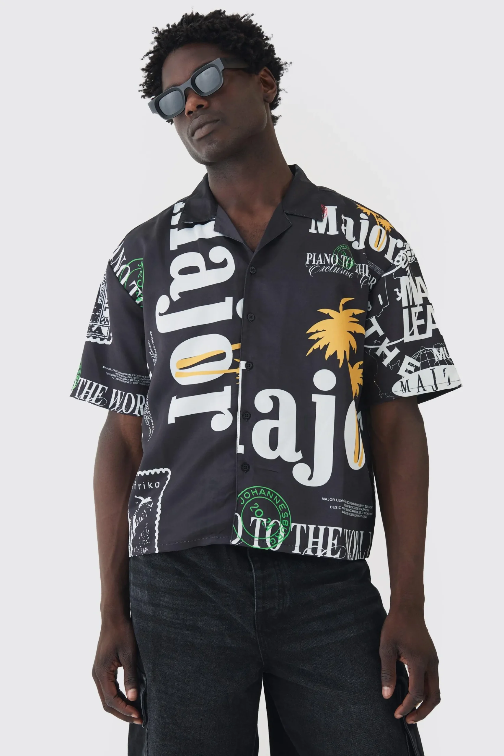 Oversized Boxy Major Print Satin Shirt | BoohooMAN UK