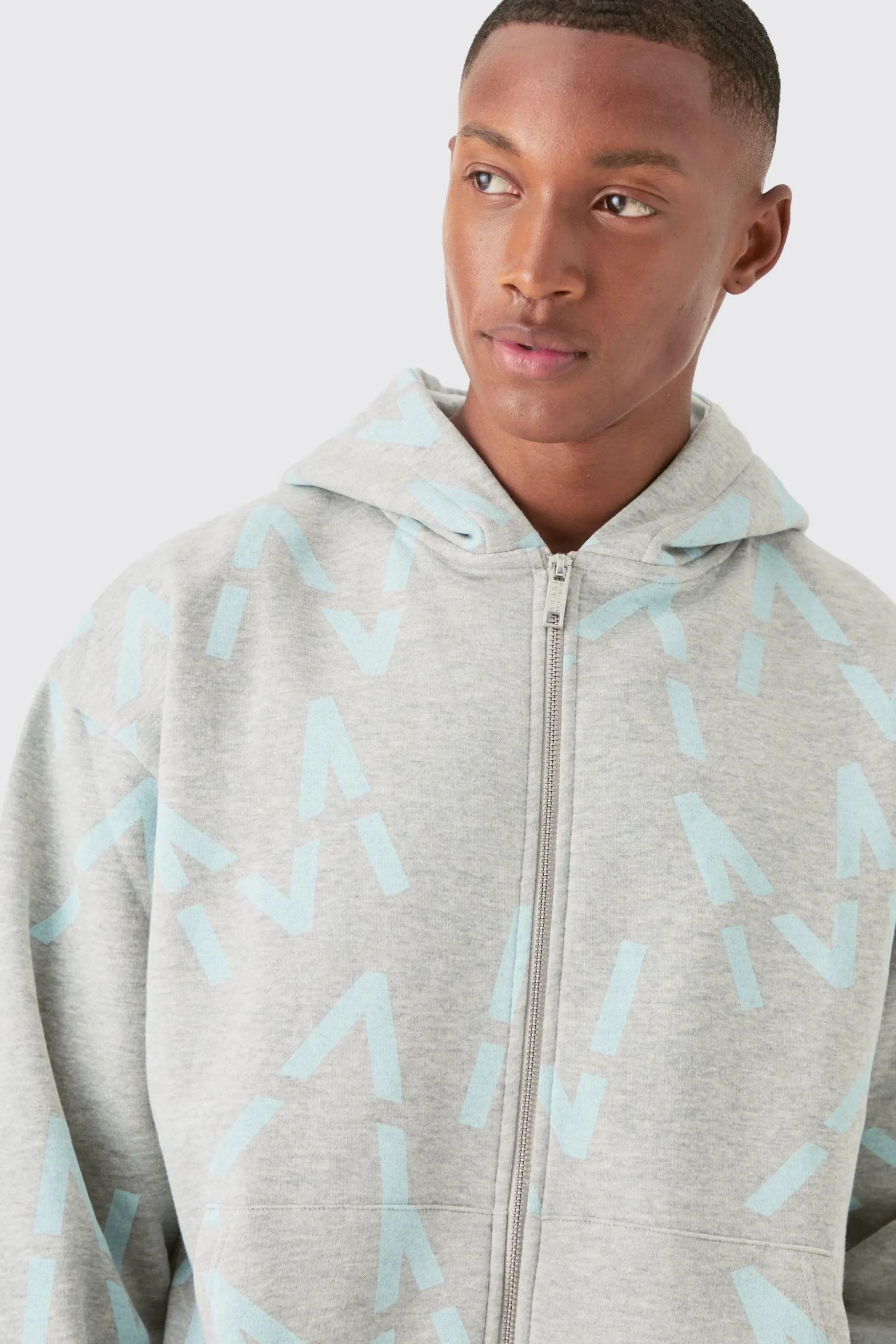 Oversized Boxy Man All Over Print Zip Hoodie Short Tracksuit | BoohooMAN UK