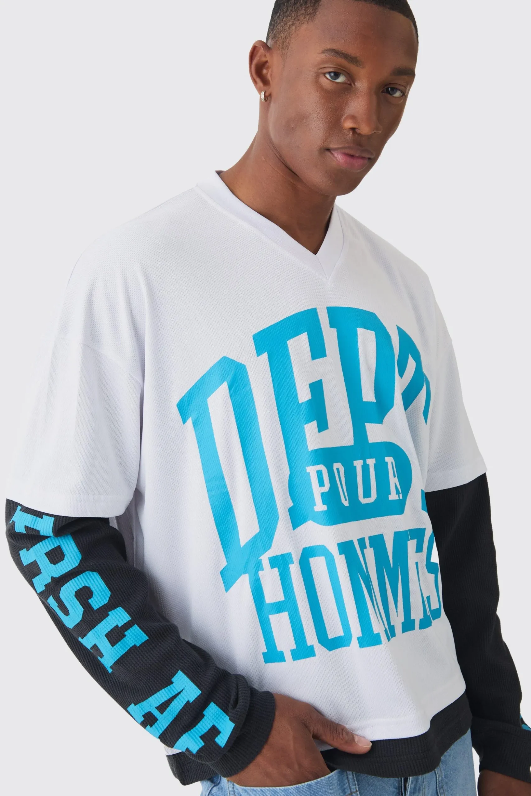Oversized Boxy Mesh Faux Layer Waffle T-shirt | BoohooMAN UK