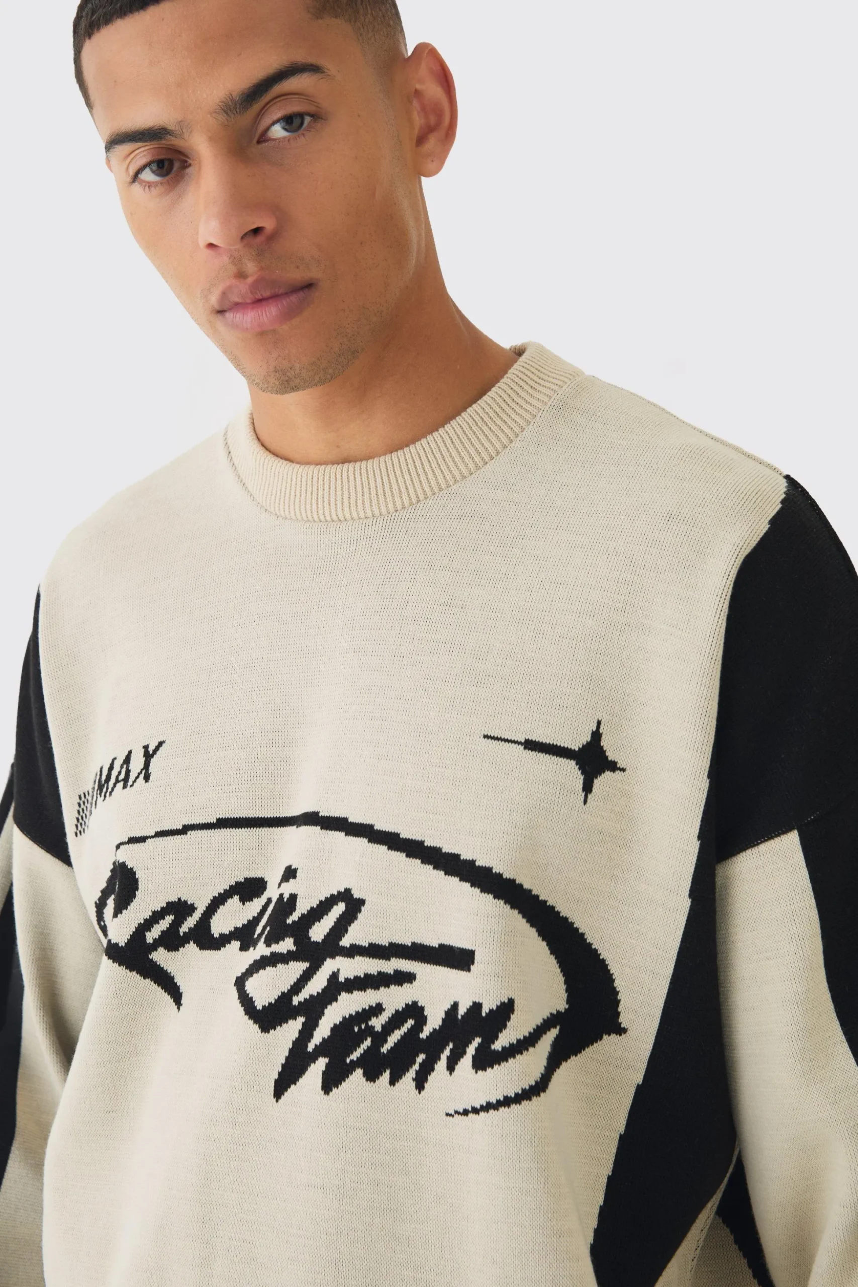 Oversized Boxy Moto Jumper In Stone | BoohooMAN UK