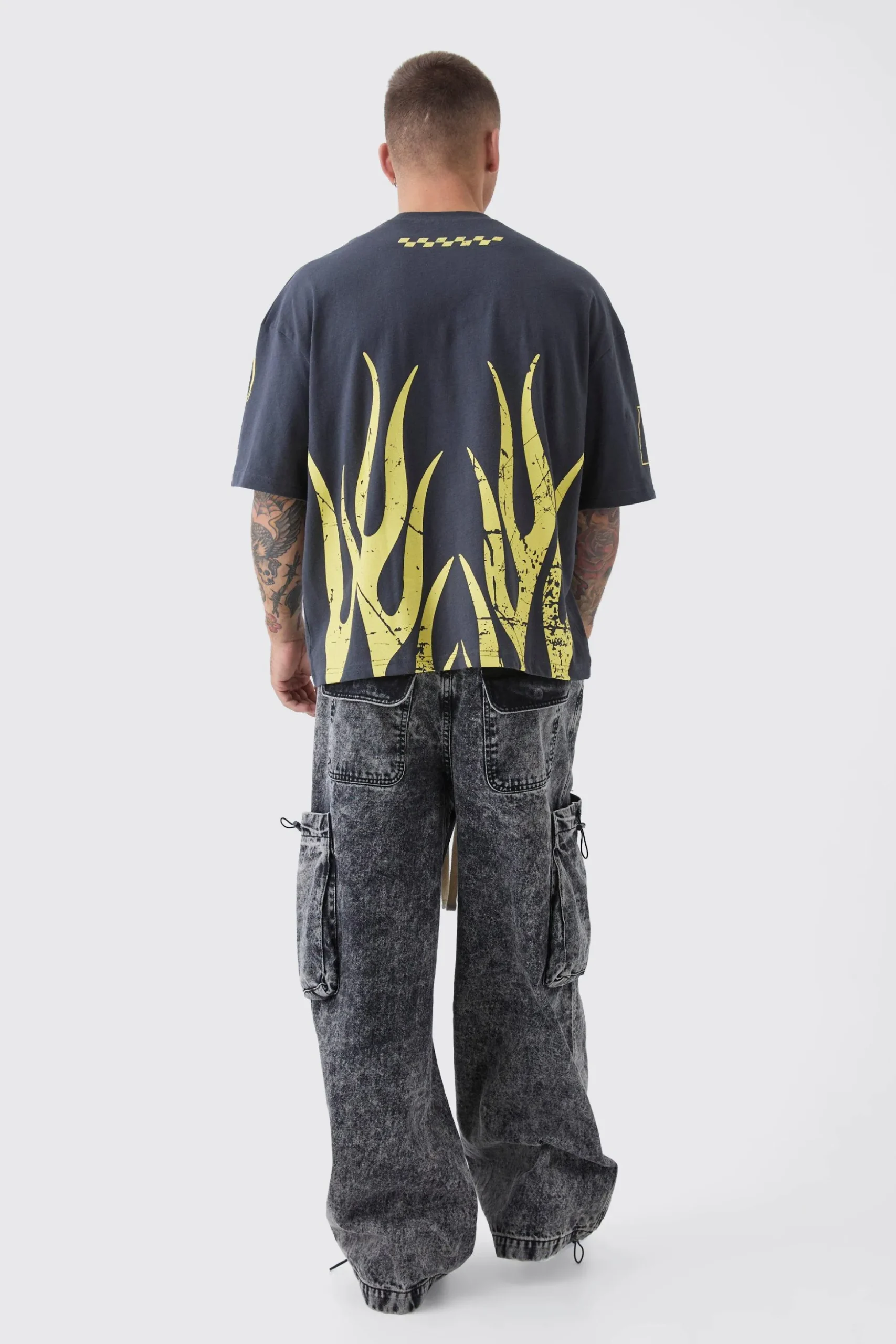 Oversized Boxy Moto Racing Flame T-Shirt | BoohooMAN UK
