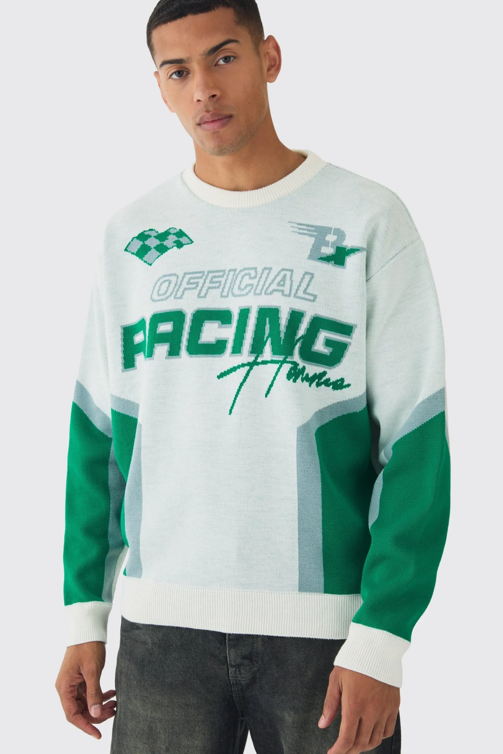 Oversized Boxy Moto Racing Knitted Jumper | BoohooMAN UK