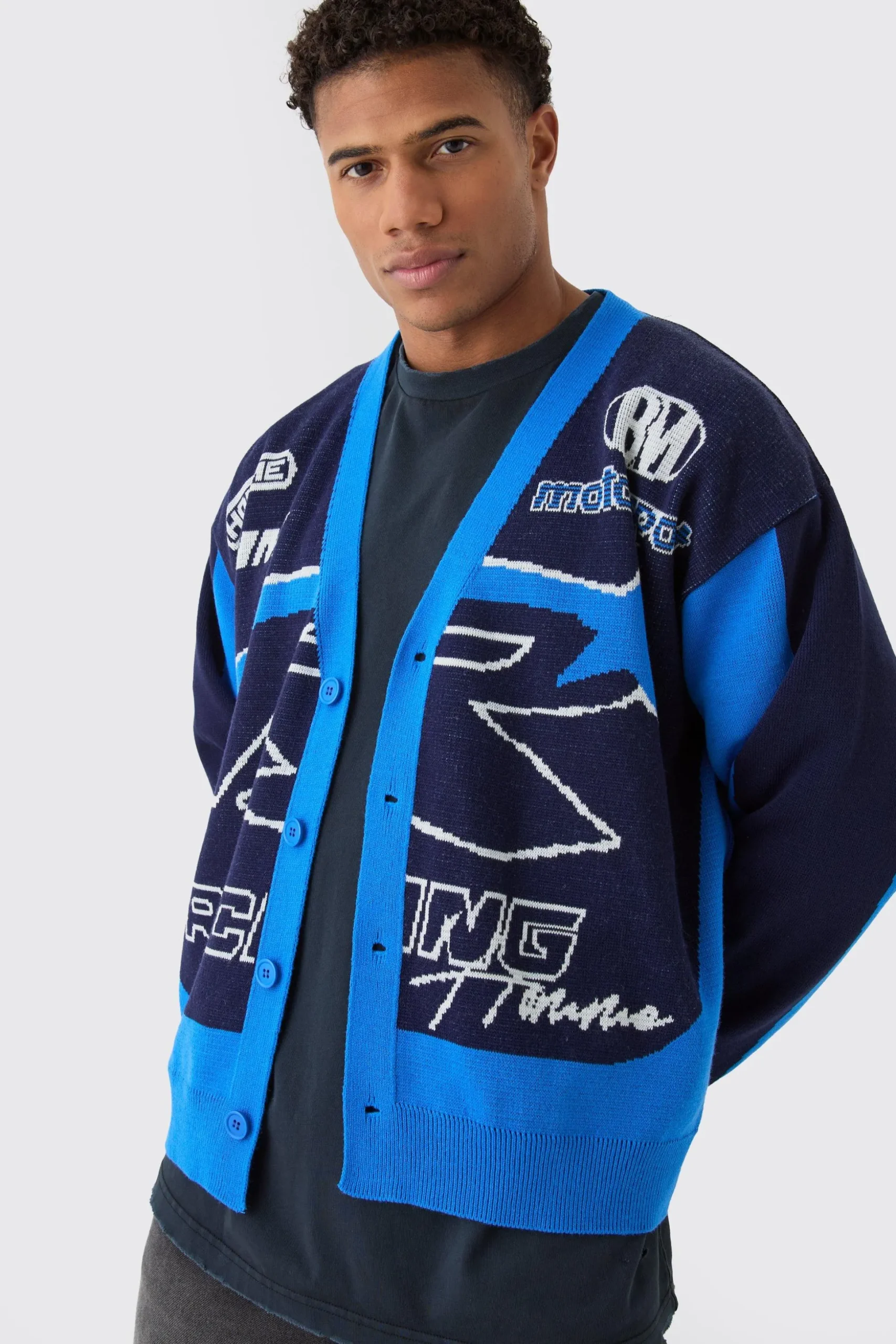 Oversized Boxy Moto Racing Knitted Cardigan | BoohooMAN UK
