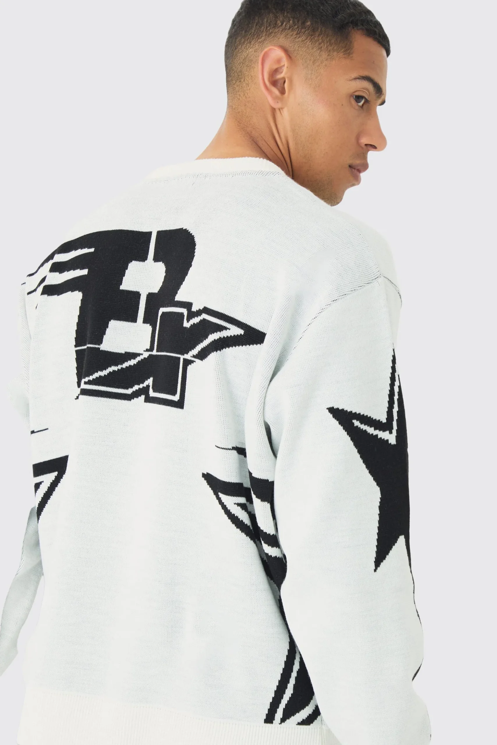 Oversized Boxy Moto Star Knitted Jumper | BoohooMAN UK