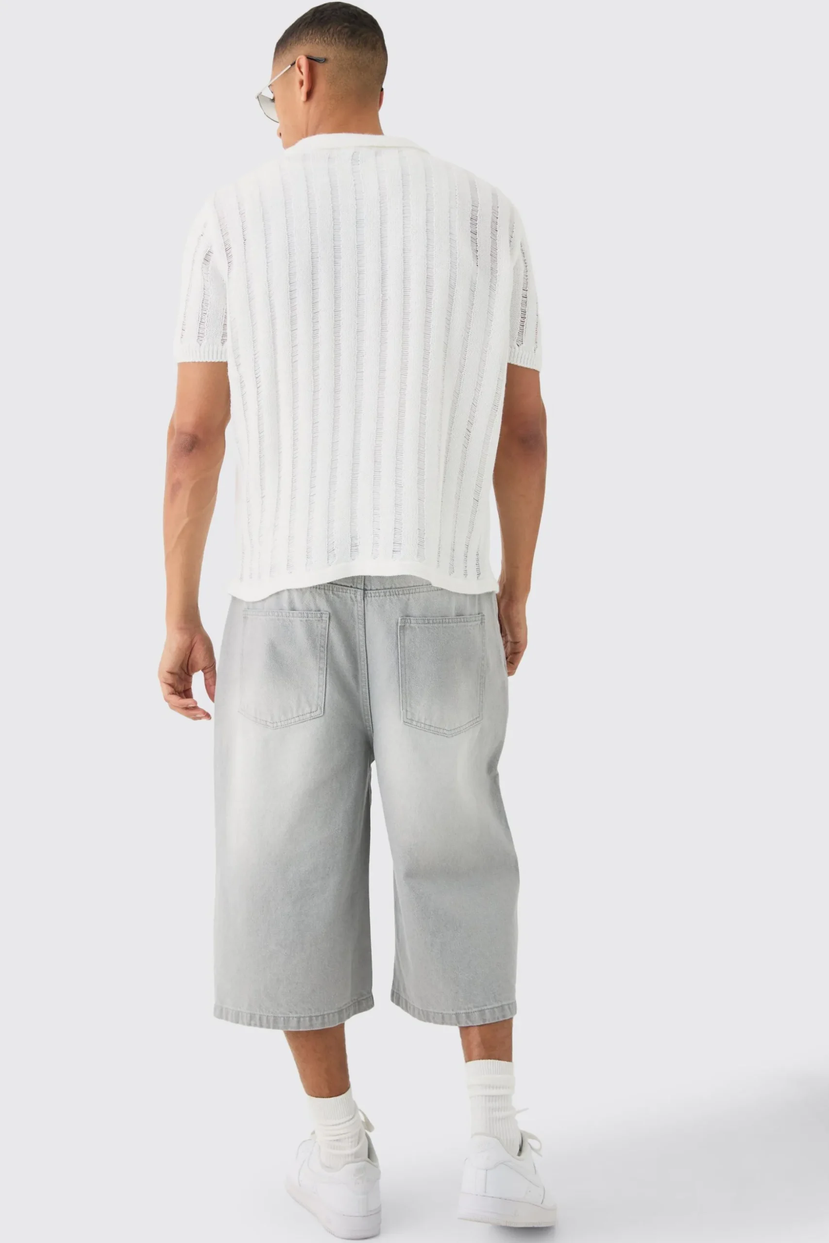 Oversized Boxy Open Ladder Stitch Knitted Shirt In White | BoohooMAN UK