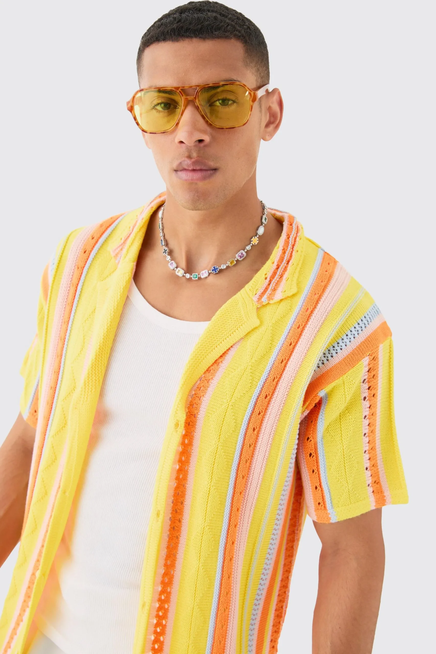 Oversized Boxy Open Stitch 3D Knit Shirt In Yellow | BoohooMAN UK