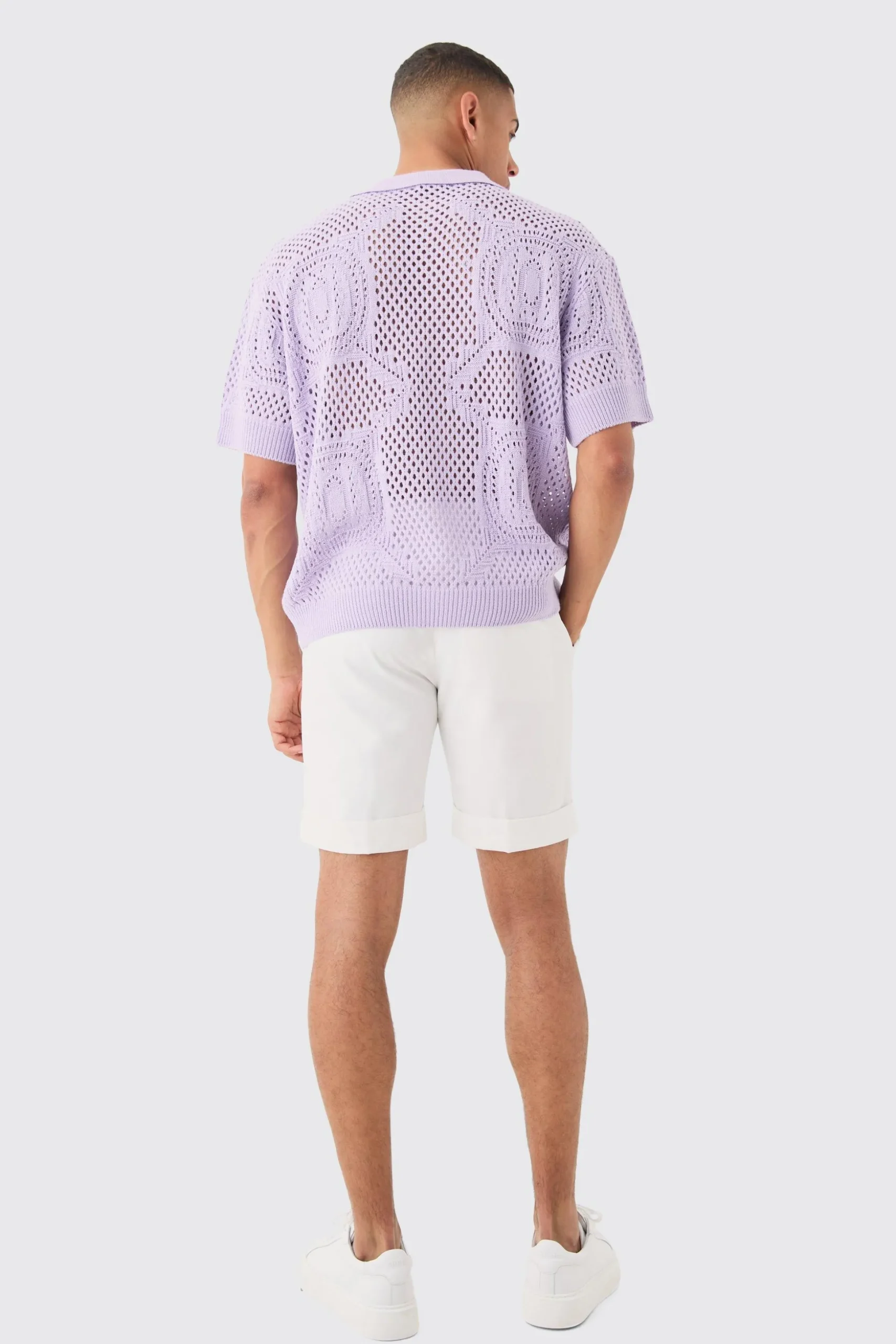 Oversized Boxy Open Stitch All Over Textured Polo In Lilac | BoohooMAN UK