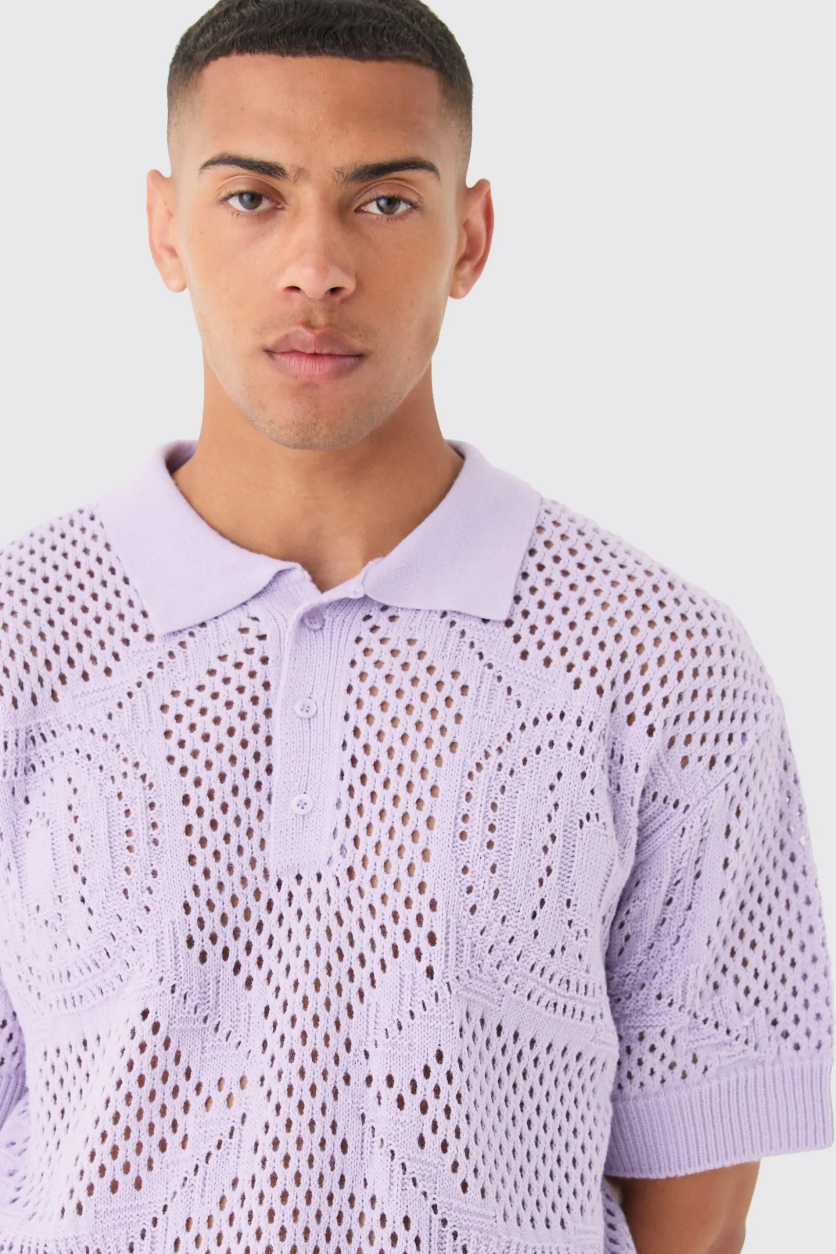Oversized Boxy Open Stitch All Over Textured Polo In Lilac | BoohooMAN UK