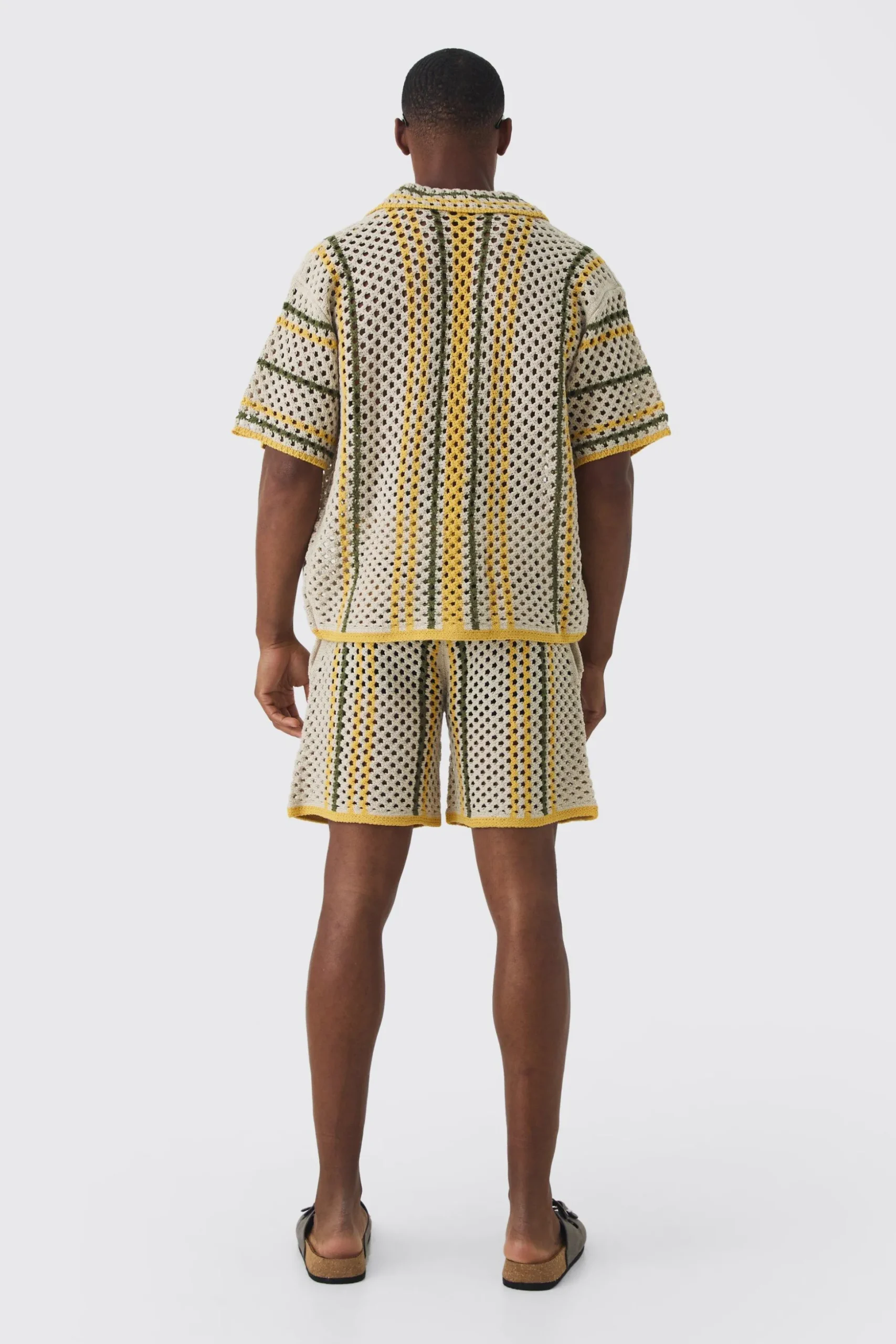Oversized Boxy Open Stitch Stripe Shirt Short Set With Drawcords | BoohooMAN UK