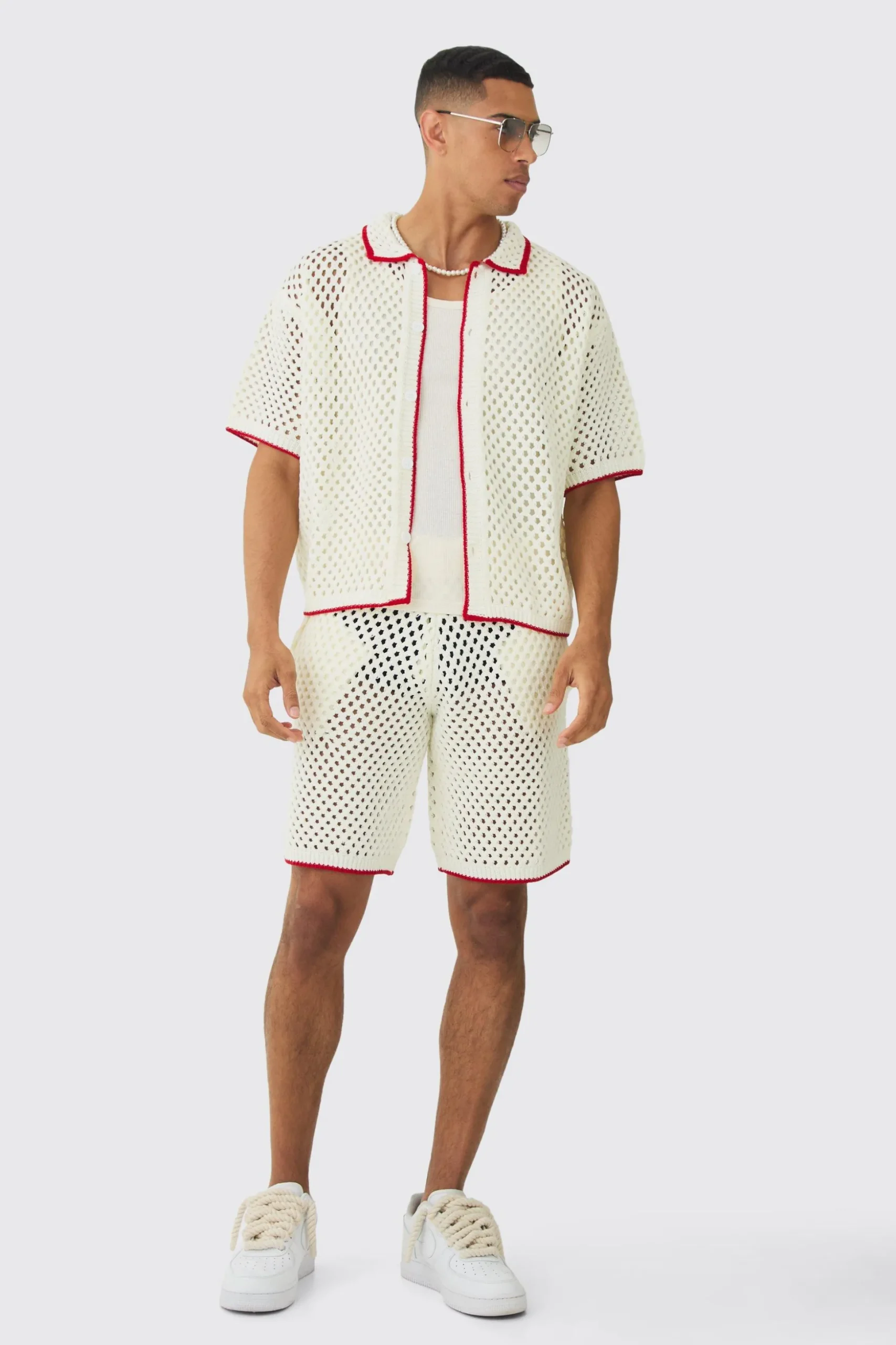 Oversized Boxy Open Stitch Contrast Tipping Shirt Short Set | BoohooMAN UK