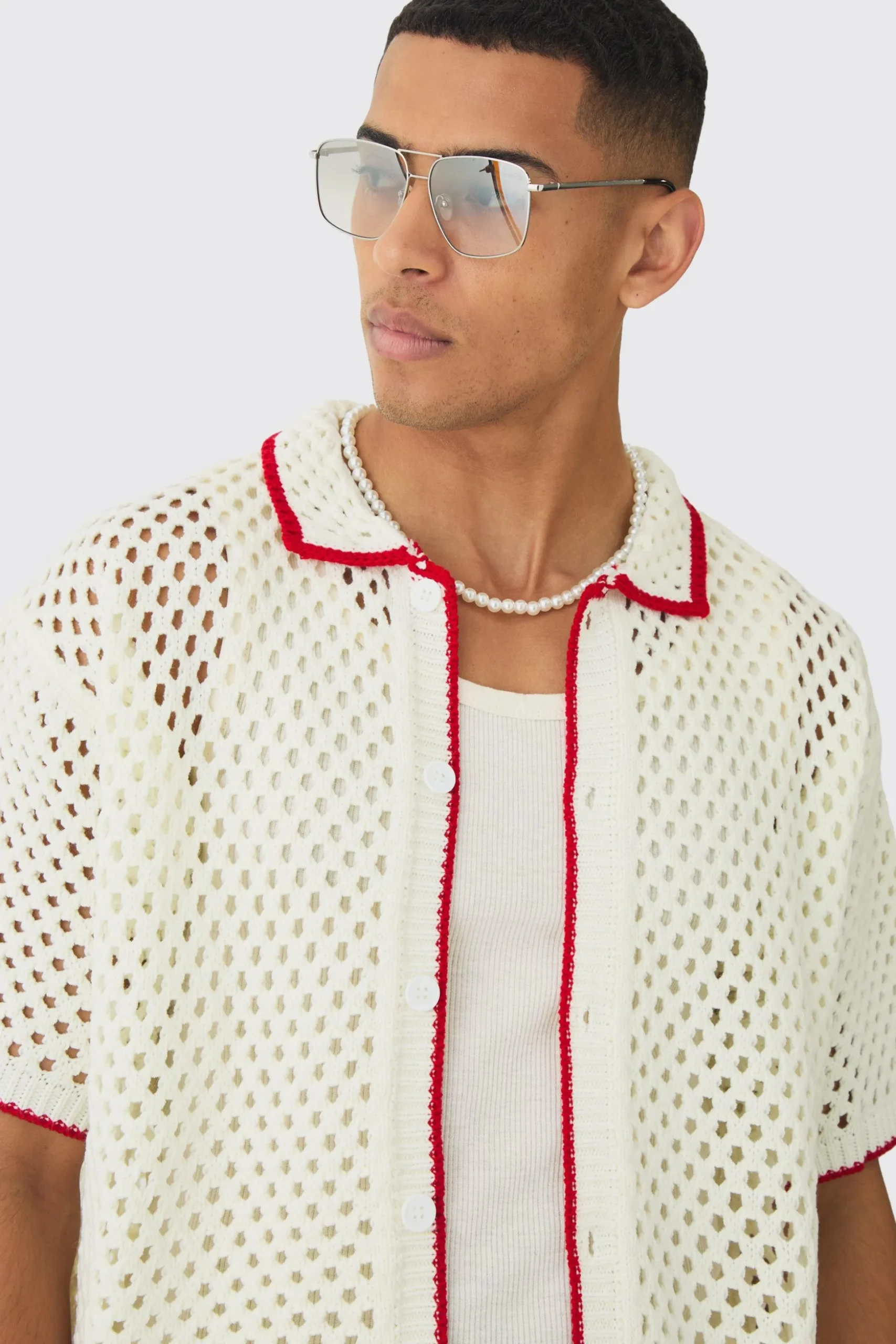 Oversized Boxy Open Stitch Contrast Tipping Shirt Short Set | BoohooMAN UK