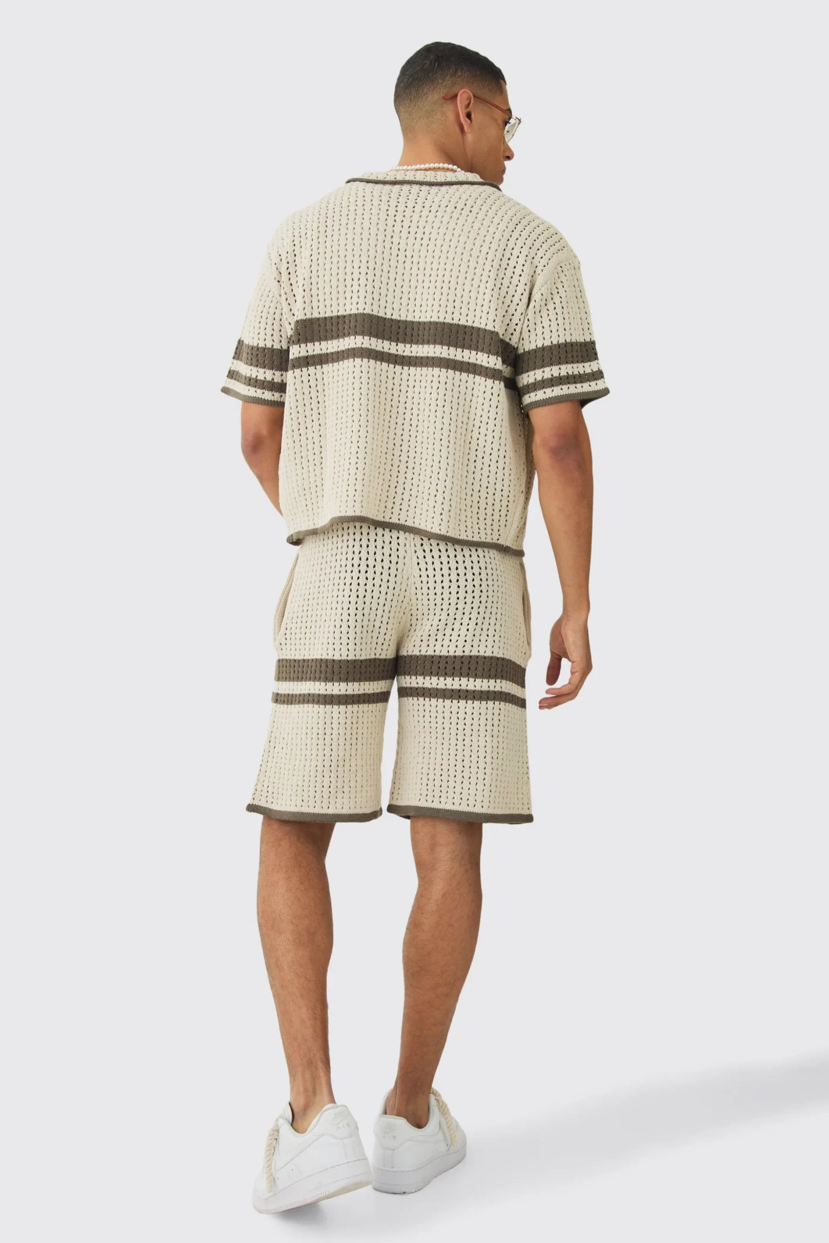 Oversized Boxy Open Stitch Colour Block Shirt & Short Set | BoohooMAN UK
