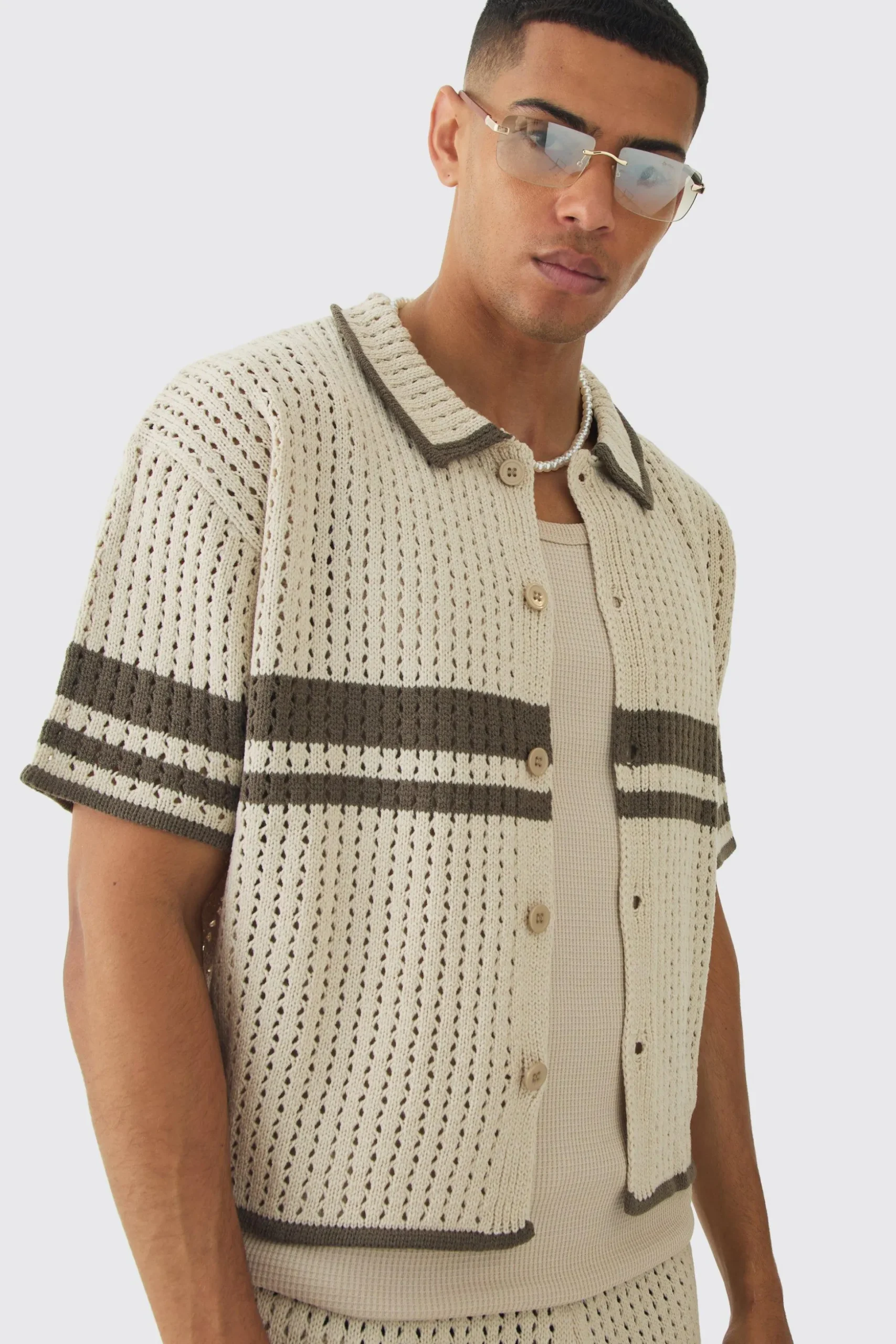 Oversized Boxy Open Stitch Colour Block Shirt & Short Set | BoohooMAN UK