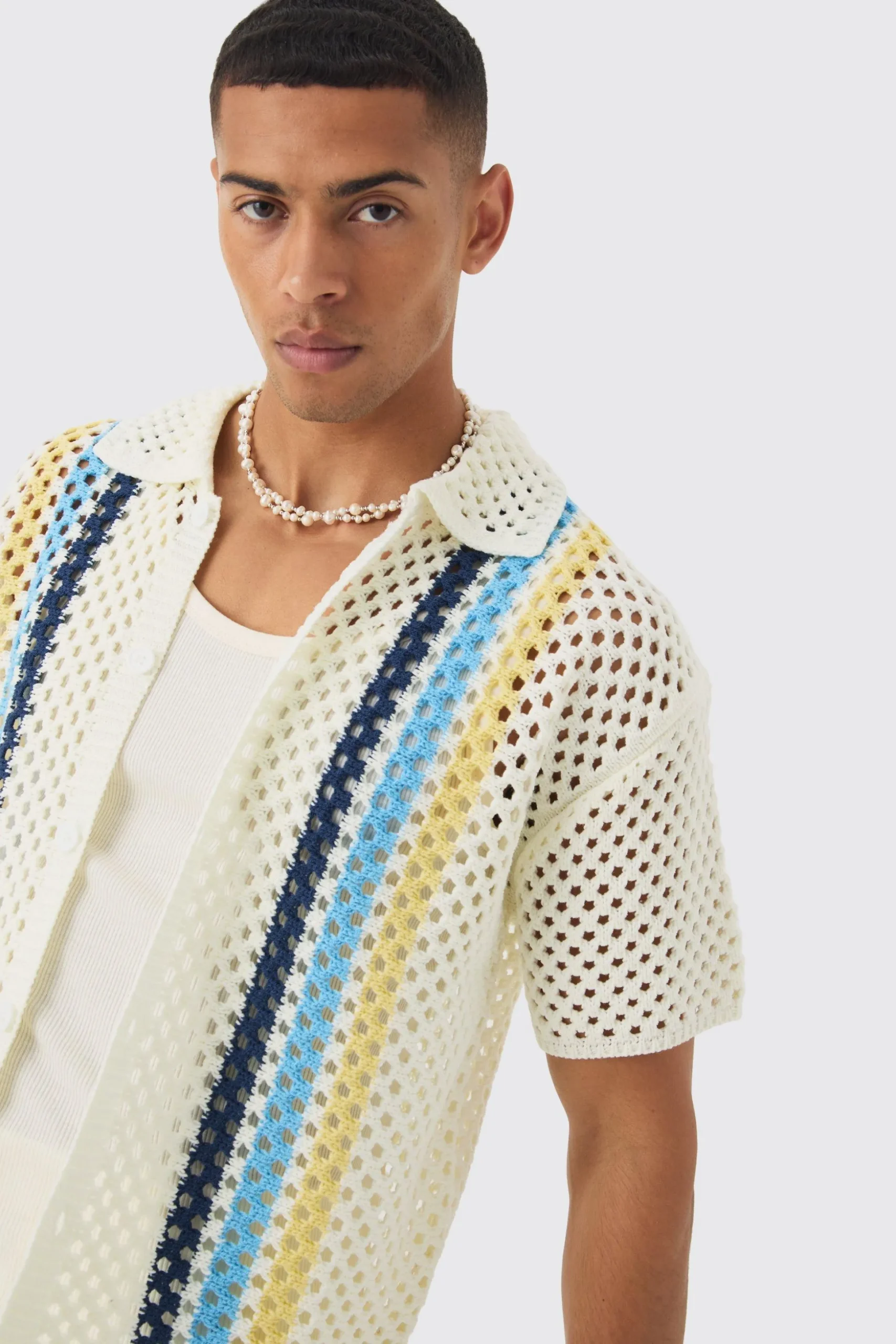 Oversized Boxy Open Stitch Placement Stripe Knit Shirt | BoohooMAN UK