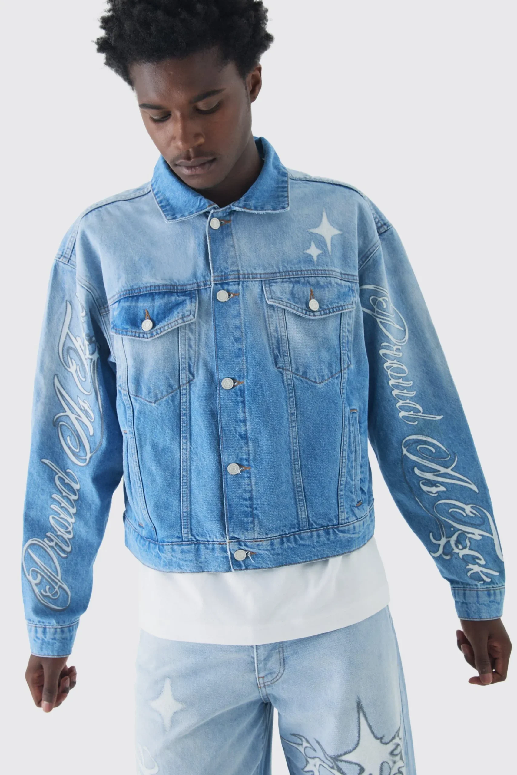 Oversized Boxy Pride Printed Denim Jacket | BoohooMAN UK