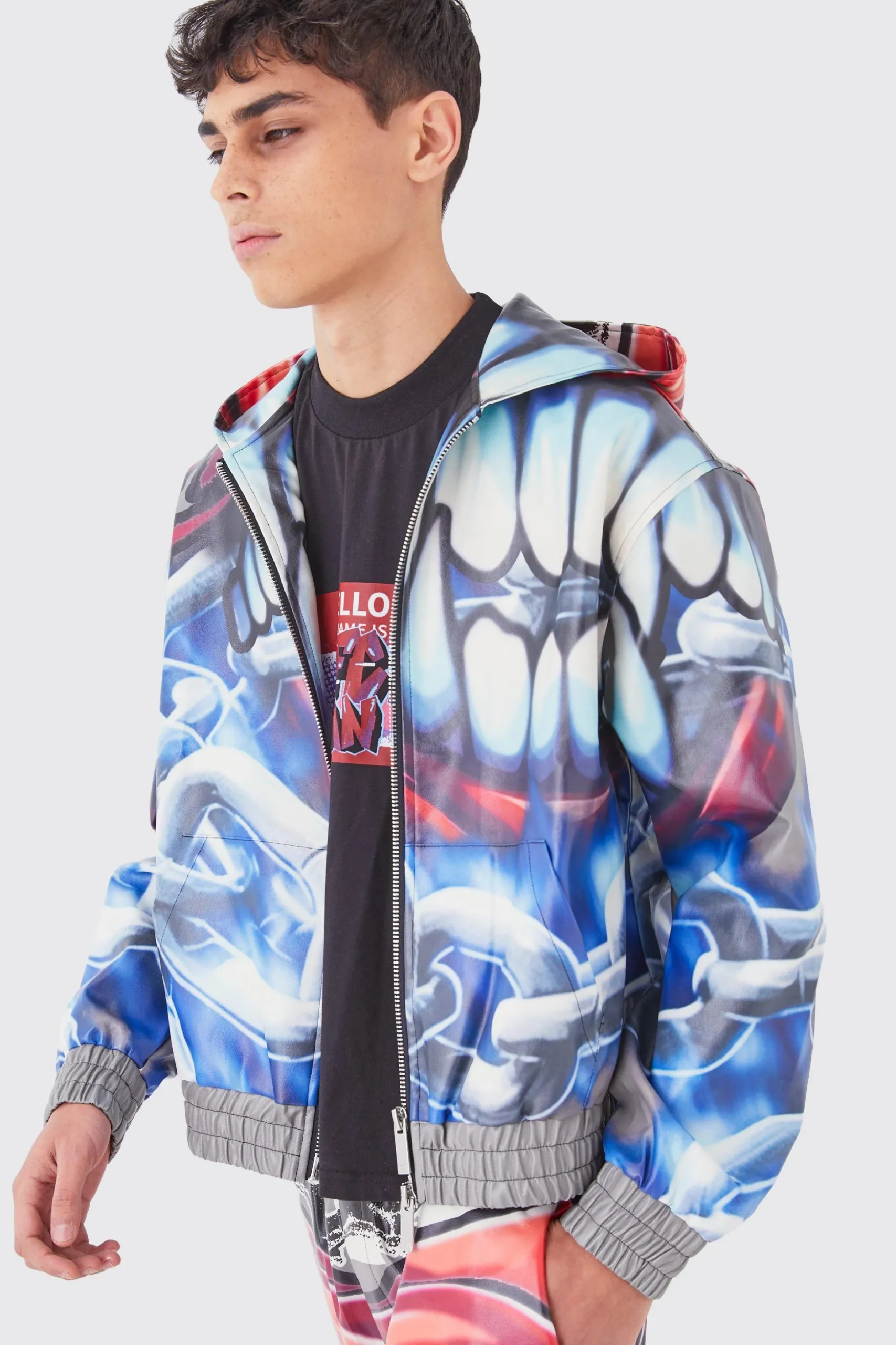 Oversized Boxy Printed Pu Hoodie | BoohooMAN UK