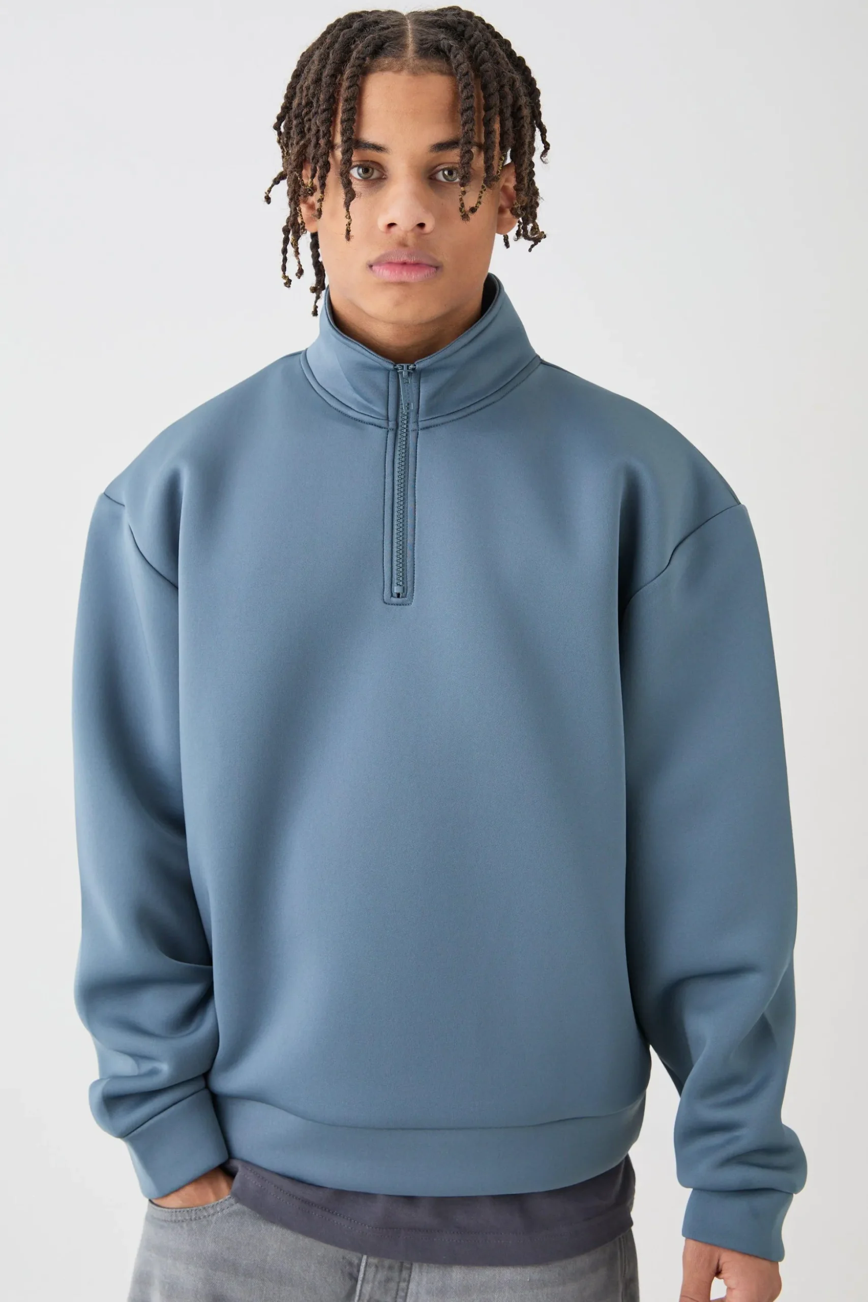 Oversized Boxy Quarter Zip Bonded Scuba Sweater | BoohooMAN UK