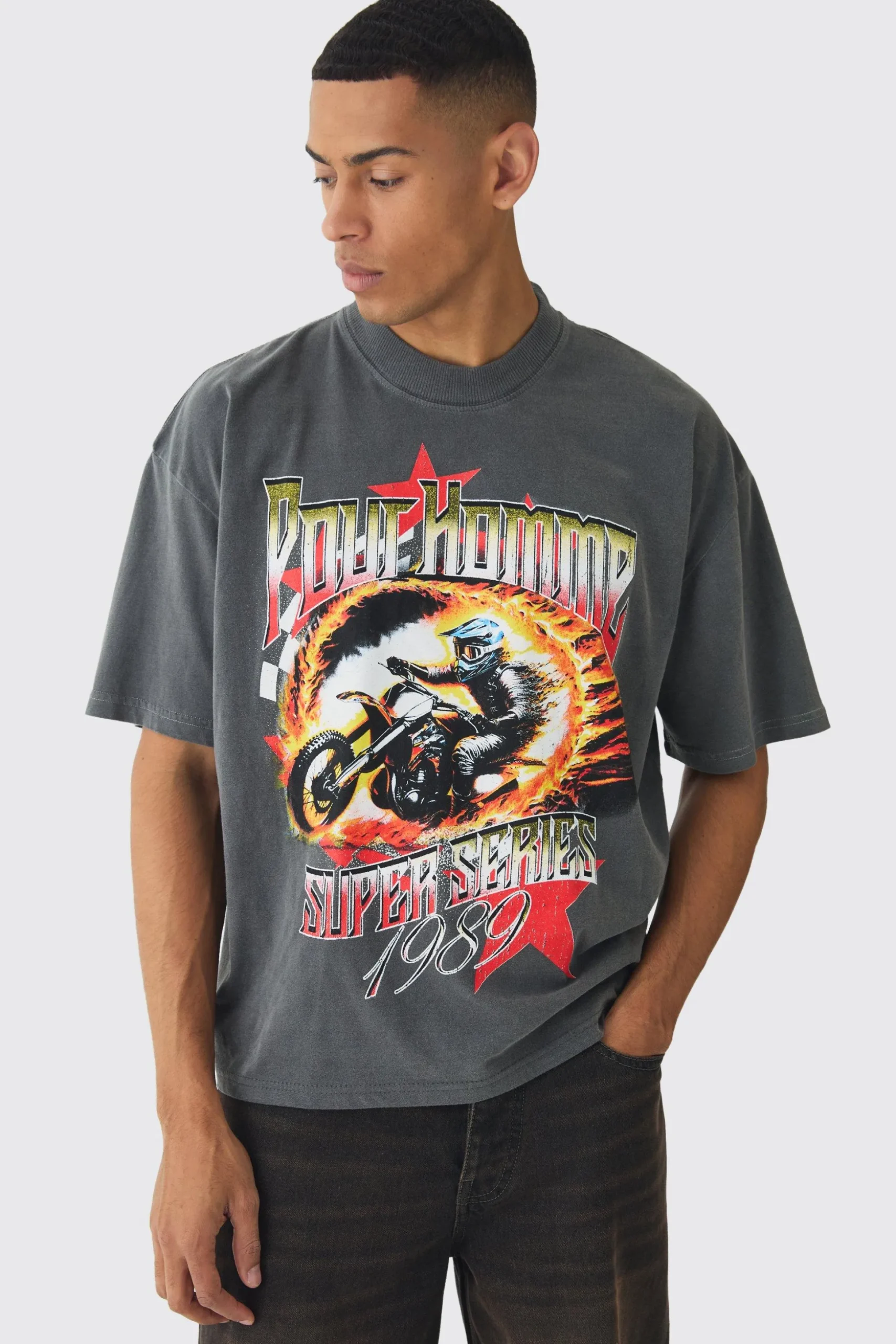 Oversized Boxy Racing Graphic Spray Washed T-Shirt | BoohooMAN UK