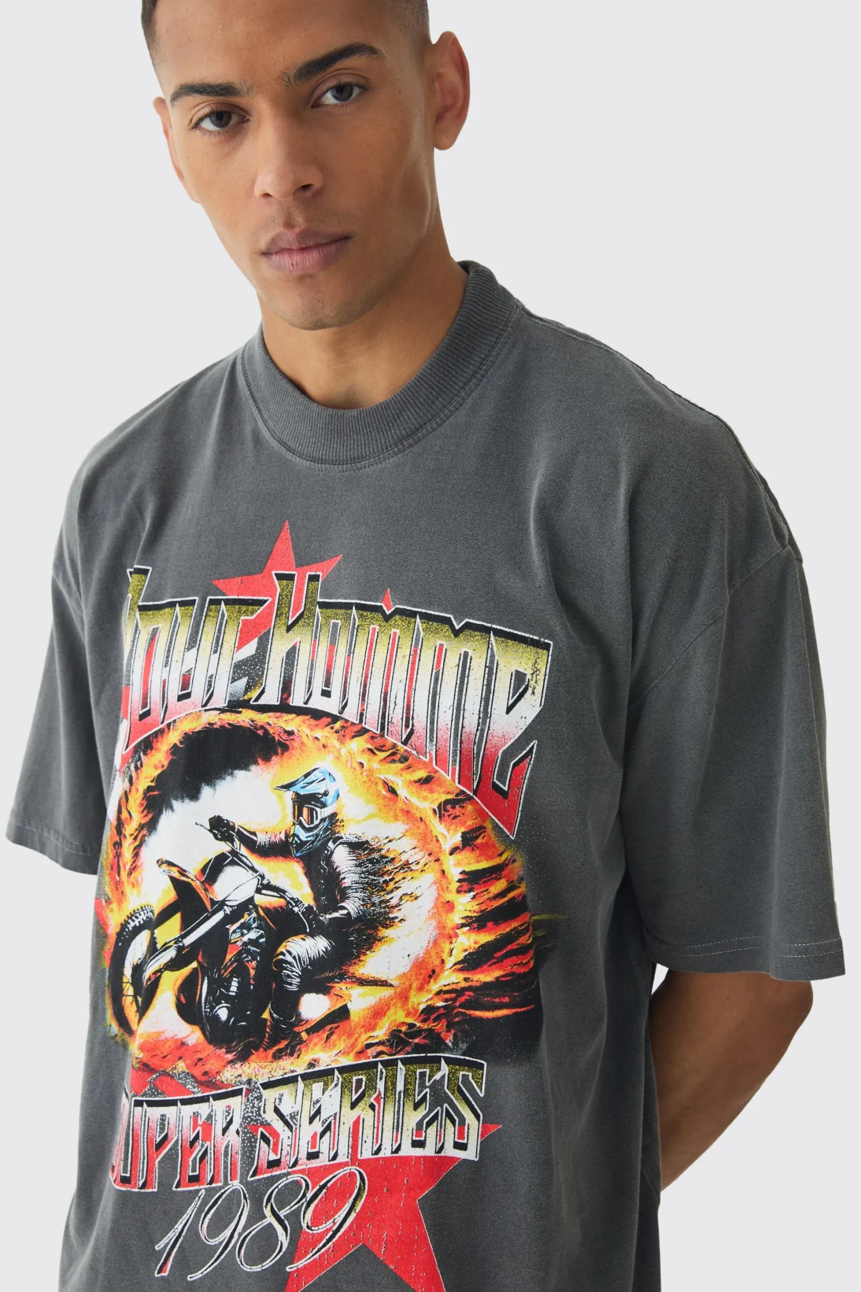 Oversized Boxy Racing Graphic Spray Washed T-Shirt | BoohooMAN UK