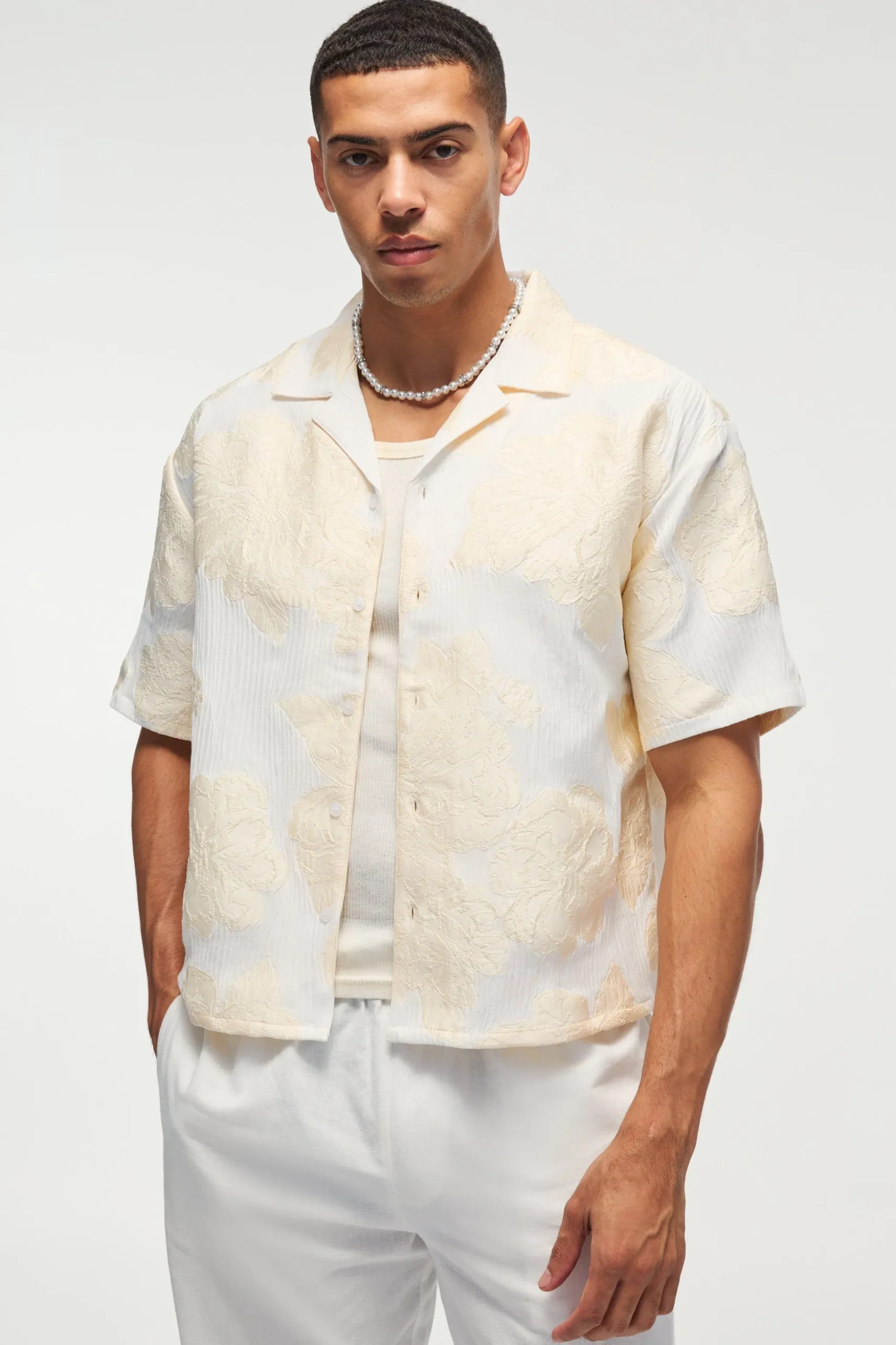 Oversized Boxy Revere Applique Shirt In Ecru | BoohooMAN UK
