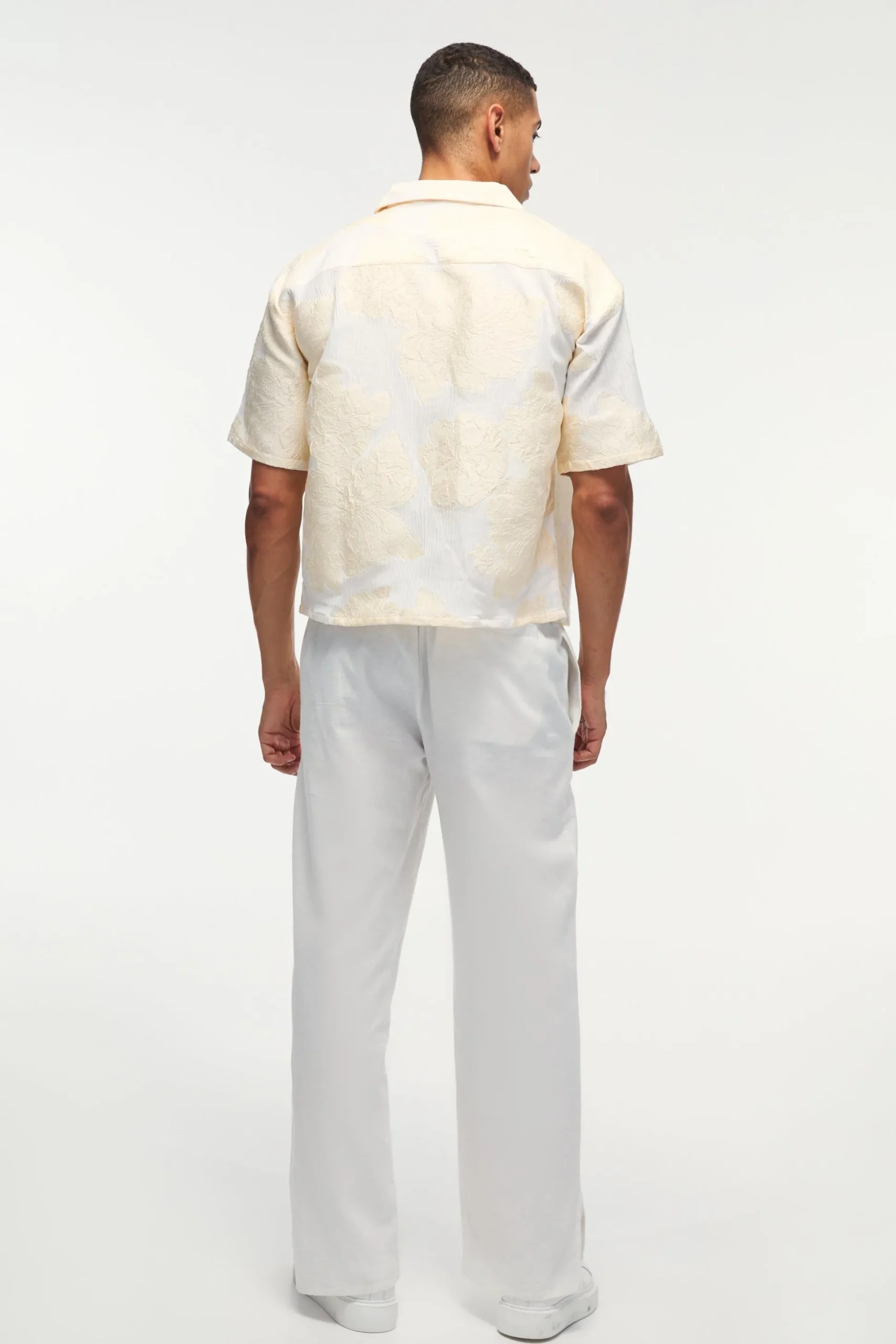 Oversized Boxy Revere Applique Shirt In Ecru | BoohooMAN UK