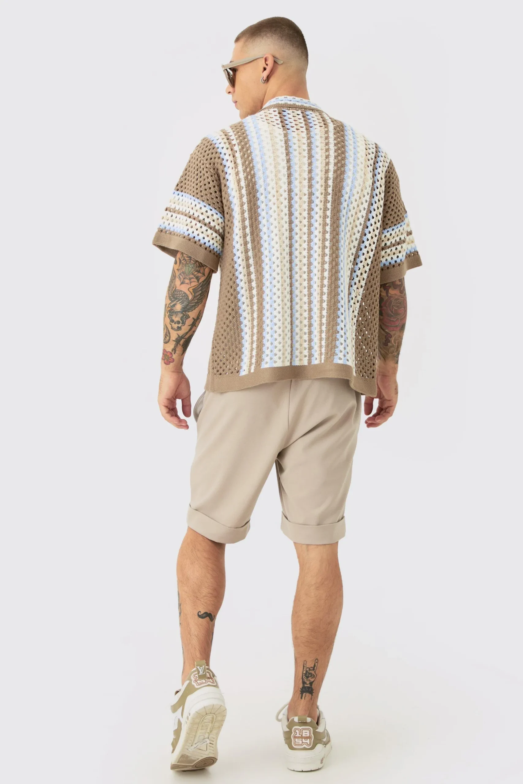 Oversized Boxy Revere Open Knit Knit Stripe Shirt | BoohooMAN UK